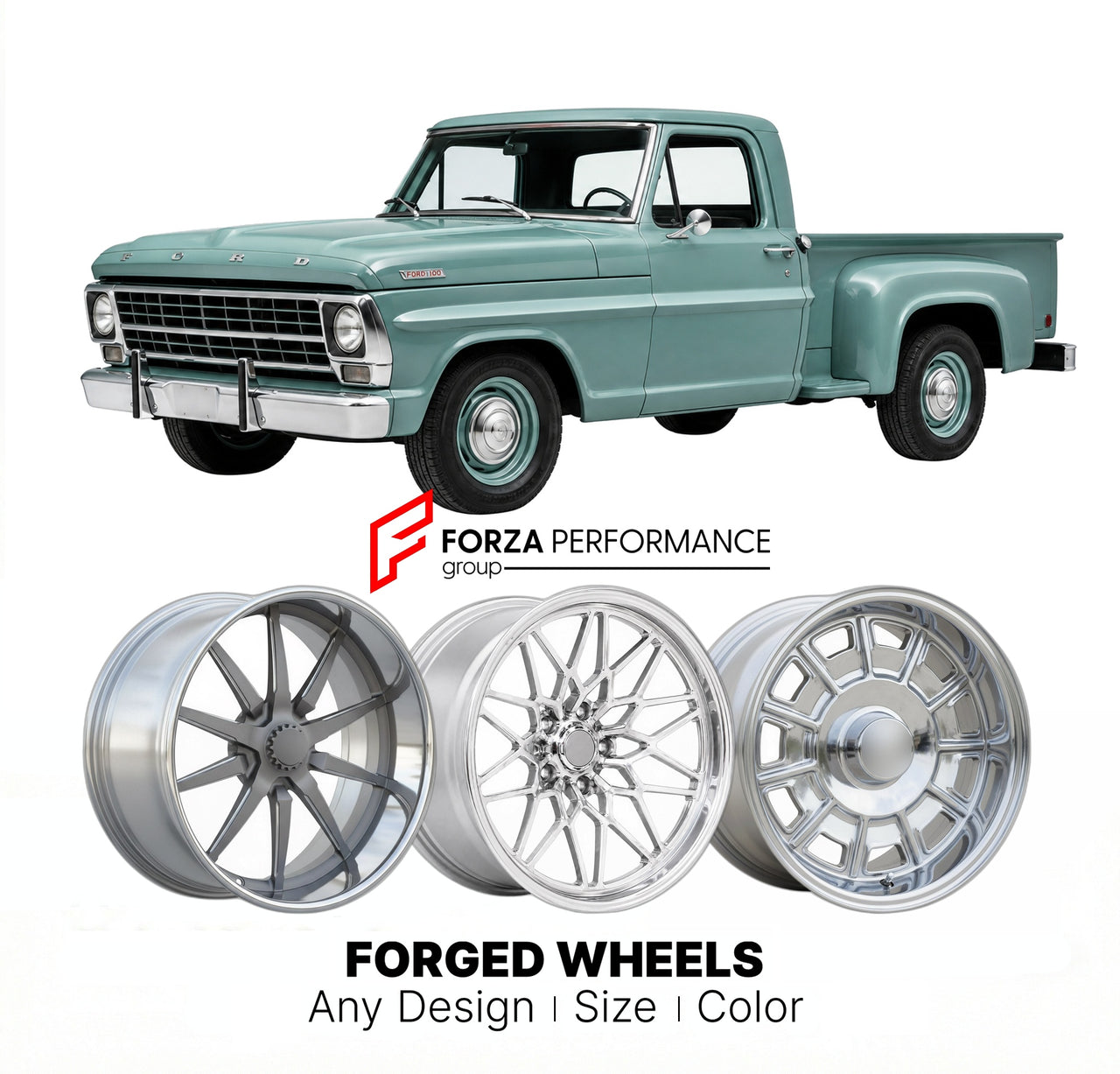 CUSTOM CLASSIC VINTAGE RESTOMOD RETRO OLD SCHOOL FORGED WHEELS RIMS for FORD F-100 1967 - 1972
Custom forged wheels for classic American muscle cars. Ideal for restomod builds, vintage restorations, and show cars. Deep dish and retro styling available.

We manufacture premium quality forged wheels rims for Ford F-100 1967 - 1972 in any design, size, color.

THIS WHEEL DESIGN CAN BE CUSTOM-MADE FOR YOUR CAR IN ANY SIZE AND COLOR OPTIONS
Available in monoblock, 2-piece, 3-piece, duoblock, beadlock
3D wheel re