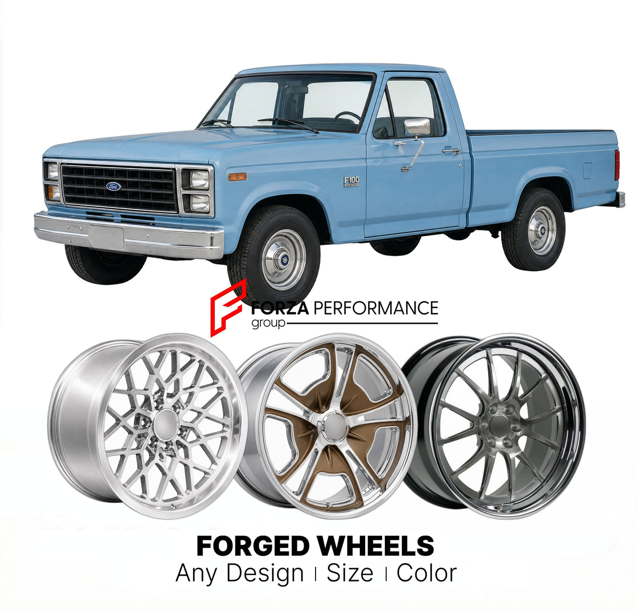 CUSTOM CLASSIC VINTAGE RESTOMOD RETRO OLD SCHOOL FORGED WHEELS RIMS for FORD F-100 1980 - 1983
Custom forged wheels for classic American muscle cars. Ideal for restomod builds, vintage restorations, and show cars. Deep dish and retro styling available.

We manufacture premium quality forged wheels rims for Ford F-100 1980 - 1983 in any design, size, color.

THIS WHEEL DESIGN CAN BE CUSTOM-MADE FOR YOUR CAR IN ANY SIZE AND COLOR OPTIONS
Available in monoblock, 2-piece, 3-piece, duoblock, beadlock
3D wheel re