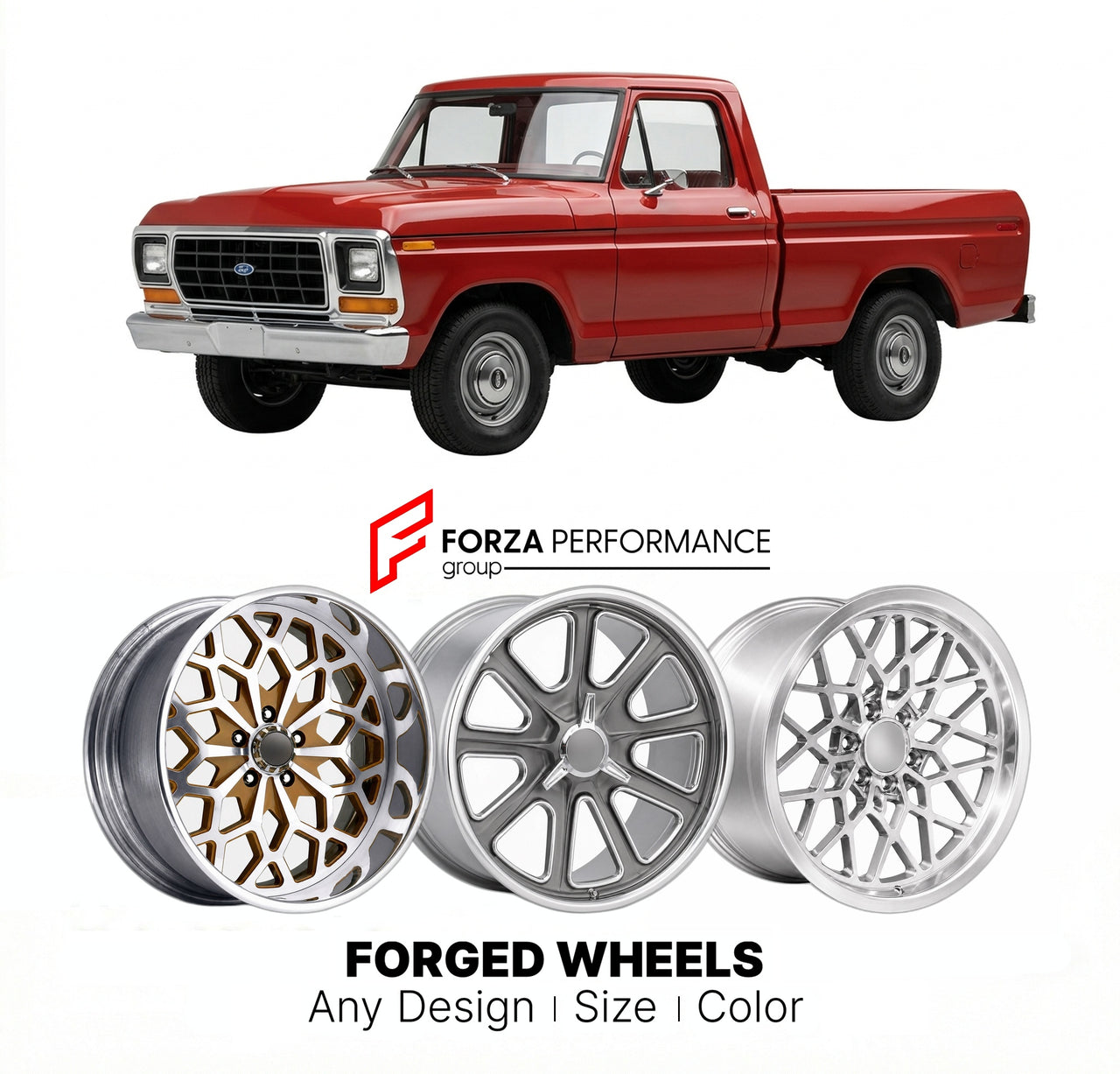 CUSTOM CLASSIC VINTAGE RESTOMOD RETRO OLD SCHOOL FORGED WHEELS RIMS for FORD F-150 1973 - 1979
Custom forged wheels for classic American muscle cars. Ideal for restomod builds, vintage restorations, and show cars. Deep dish and retro styling available.

We manufacture premium quality forged wheels rims for Ford F-150 1973 - 1979 in any design, size, color.

THIS WHEEL DESIGN CAN BE CUSTOM-MADE FOR YOUR CAR IN ANY SIZE AND COLOR OPTIONS
Available in monoblock, 2-piece, 3-piece, duoblock, beadlock
3D wheel re