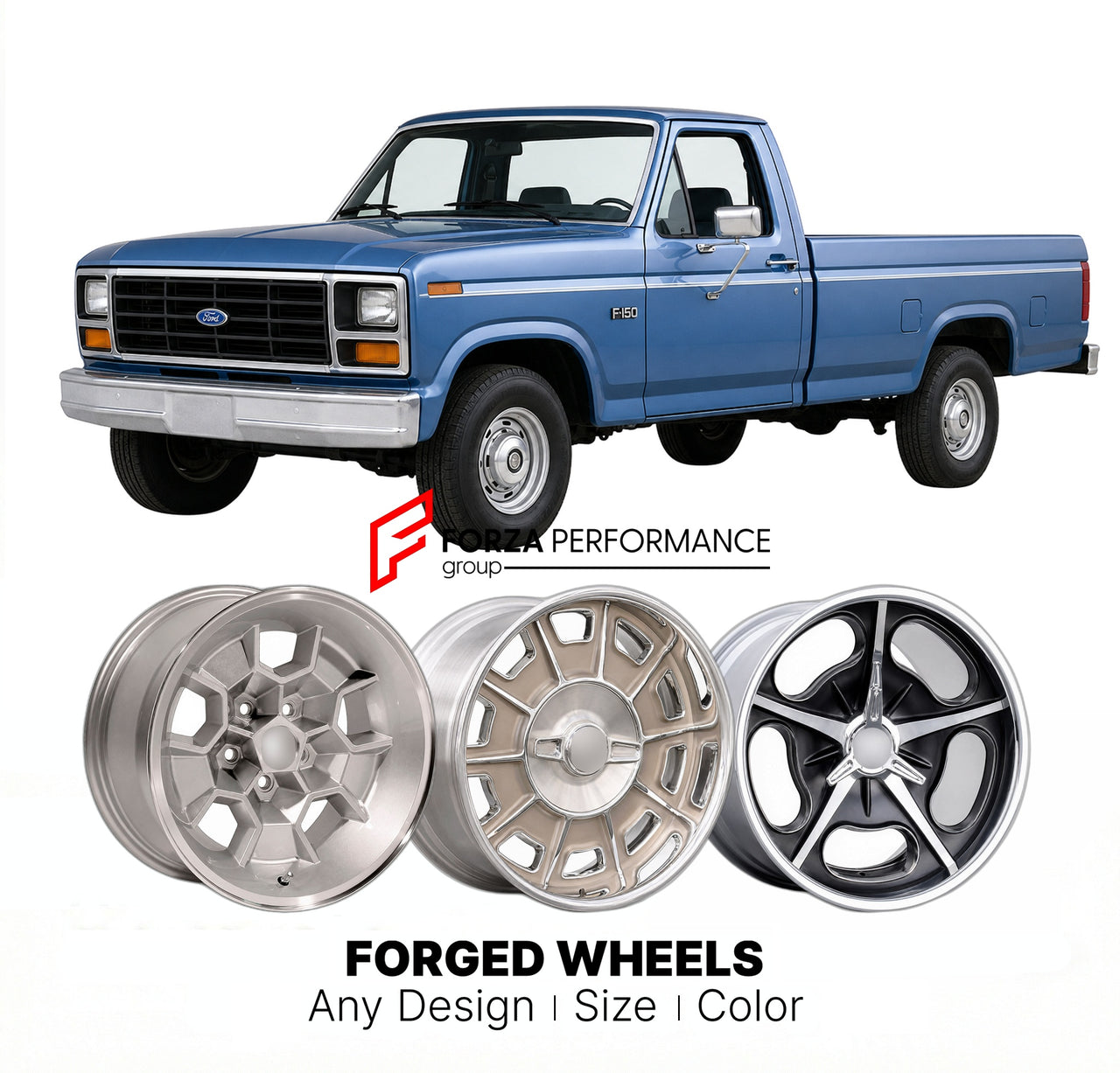 CUSTOM CLASSIC VINTAGE RESTOMOD RETRO OLD SCHOOL FORGED WHEELS RIMS for FORD F-150 1980 - 1986
Custom forged wheels for classic American muscle cars. Ideal for restomod builds, vintage restorations, and show cars. Deep dish and retro styling available.

We manufacture premium quality forged wheels rims for Ford F-150 1980 - 1986 in any design, size, color.

THIS WHEEL DESIGN CAN BE CUSTOM-MADE FOR YOUR CAR IN ANY SIZE AND COLOR OPTIONS
Available in monoblock, 2-piece, 3-piece, duoblock, beadlock
3D wheel re