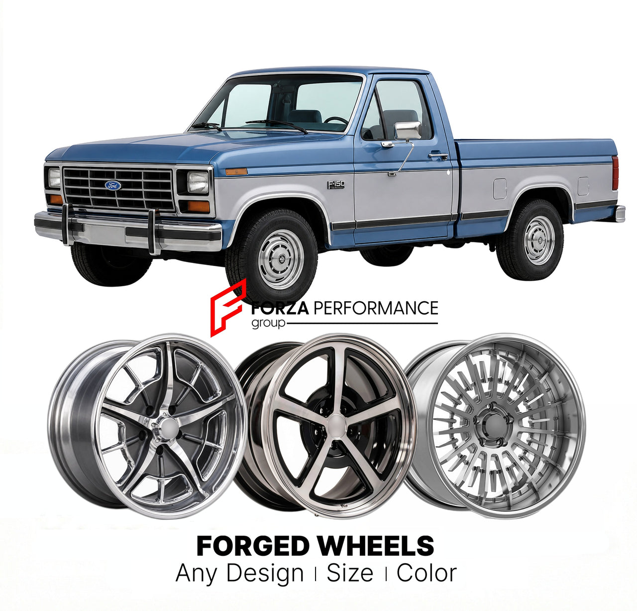 CUSTOM CLASSIC VINTAGE RESTOMOD RETRO OLD SCHOOL FORGED WHEELS RIMS for FORD F-150 1987 - 1990
Custom forged wheels for classic American muscle cars. Ideal for restomod builds, vintage restorations, and show cars. Deep dish and retro styling available.

We manufacture premium quality forged wheels rims for Ford F-150 1987 - 1990 in any design, size, color.

THIS WHEEL DESIGN CAN BE CUSTOM-MADE FOR YOUR CAR IN ANY SIZE AND COLOR OPTIONS
Available in monoblock, 2-piece, 3-piece, duoblock, beadlock
3D wheel re