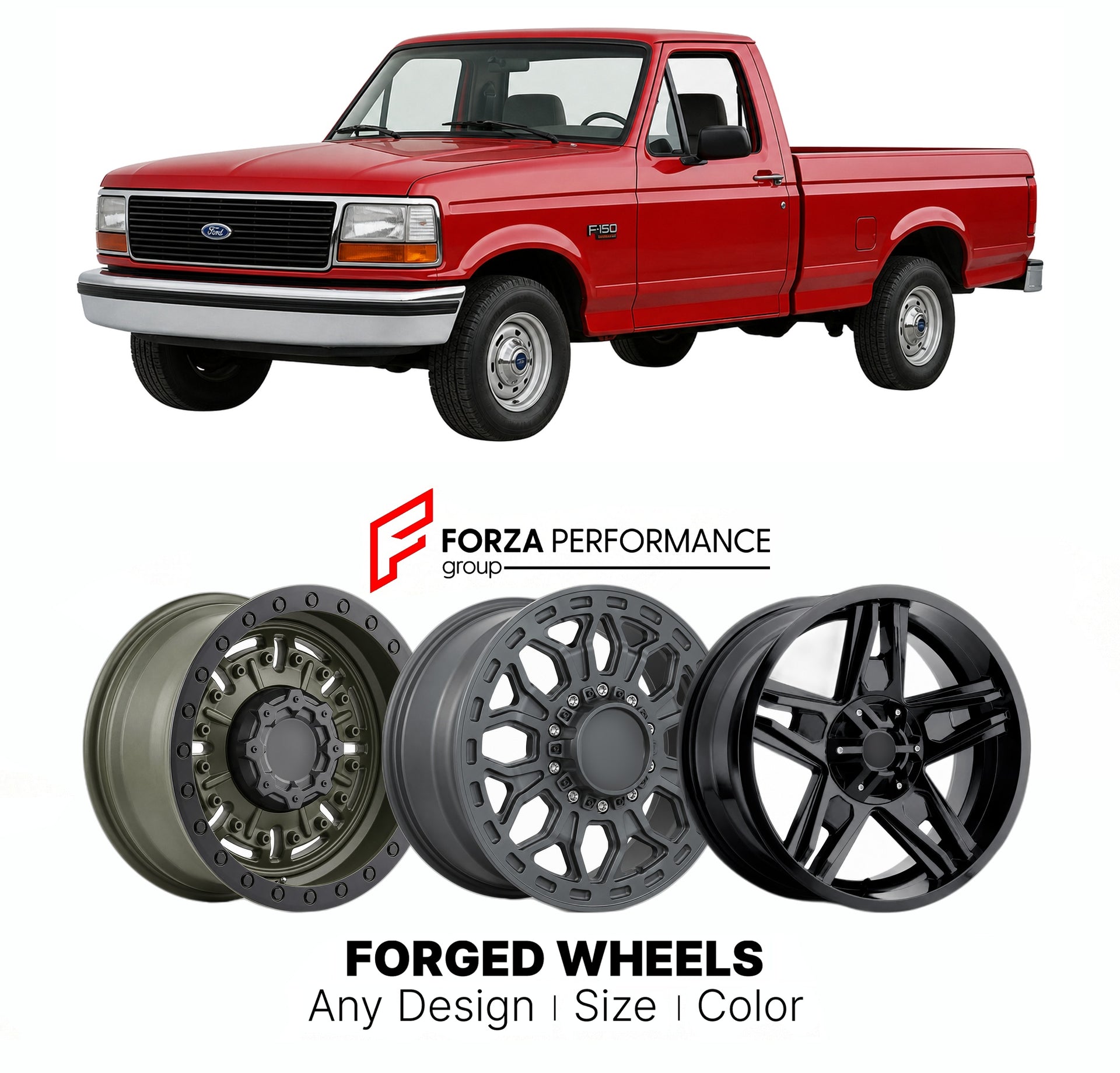 FORGED WHEELS RIMS for FORD F-150 1990 - 1996

Custom forged wheels for Ford F-150 1990 - 1996. Made-to-order monoblock, 2-piece and 3-piece rims in custom sizes, offsets, colors and finishes with guaranteed fitment.

We manufacture premium quality forged wheels rims for Ford F-150 1990 - 1996 in any design, size, color.

THIS WHEEL DESIGN CAN BE CUSTOM-MADE FOR YOUR CAR IN ANY SIZE AND COLOR OPTIONS
Available in monoblock, 2-piece, 3-piece, duoblock, beadlock
3D wheel renderings are provided according to t