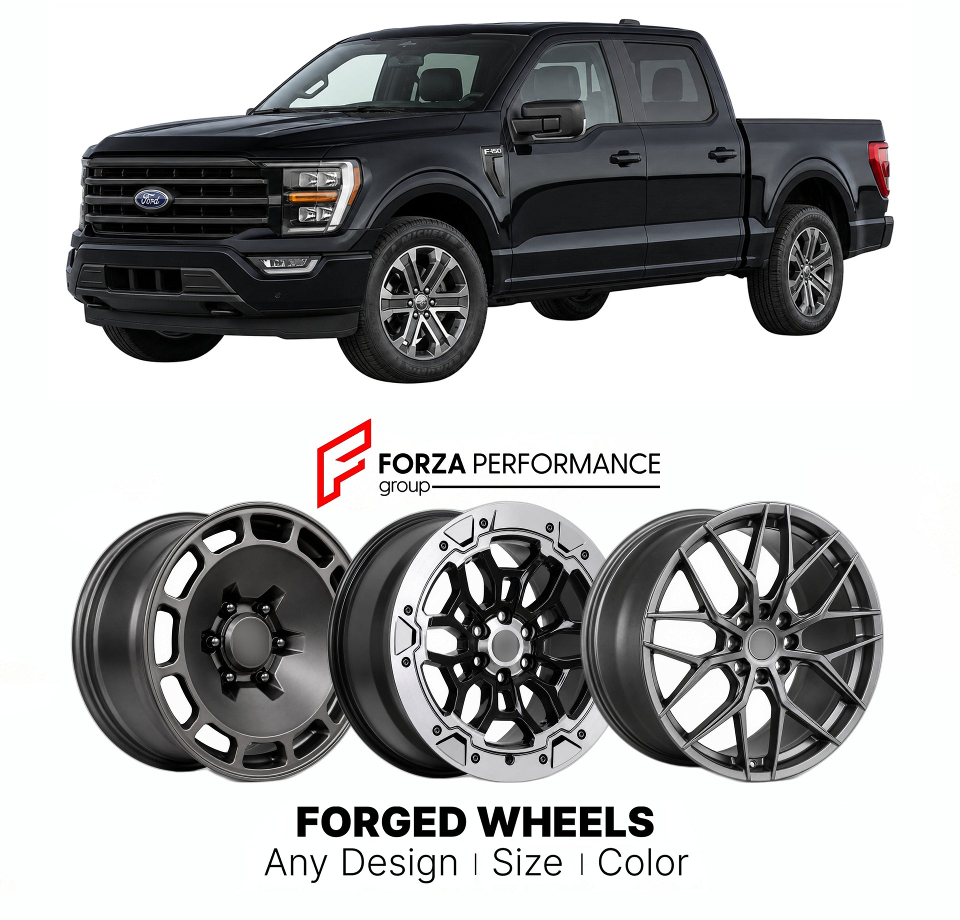 FORGED WHEELS RIMS for FORD F-150 2021+

Custom forged wheels for Ford F-150 2021+. Made-to-order monoblock, 2-piece and 3-piece rims in custom sizes, offsets, colors and finishes with guaranteed fitment.

We manufacture premium quality forged wheels rims for Ford F-150 2021+ in any design, size, color.

THIS WHEEL DESIGN CAN BE CUSTOM-MADE FOR YOUR CAR IN ANY SIZE AND COLOR OPTIONS
Available in monoblock, 2-piece, 3-piece, duoblock, beadlock
3D wheel renderings are provided according to the exact dimension