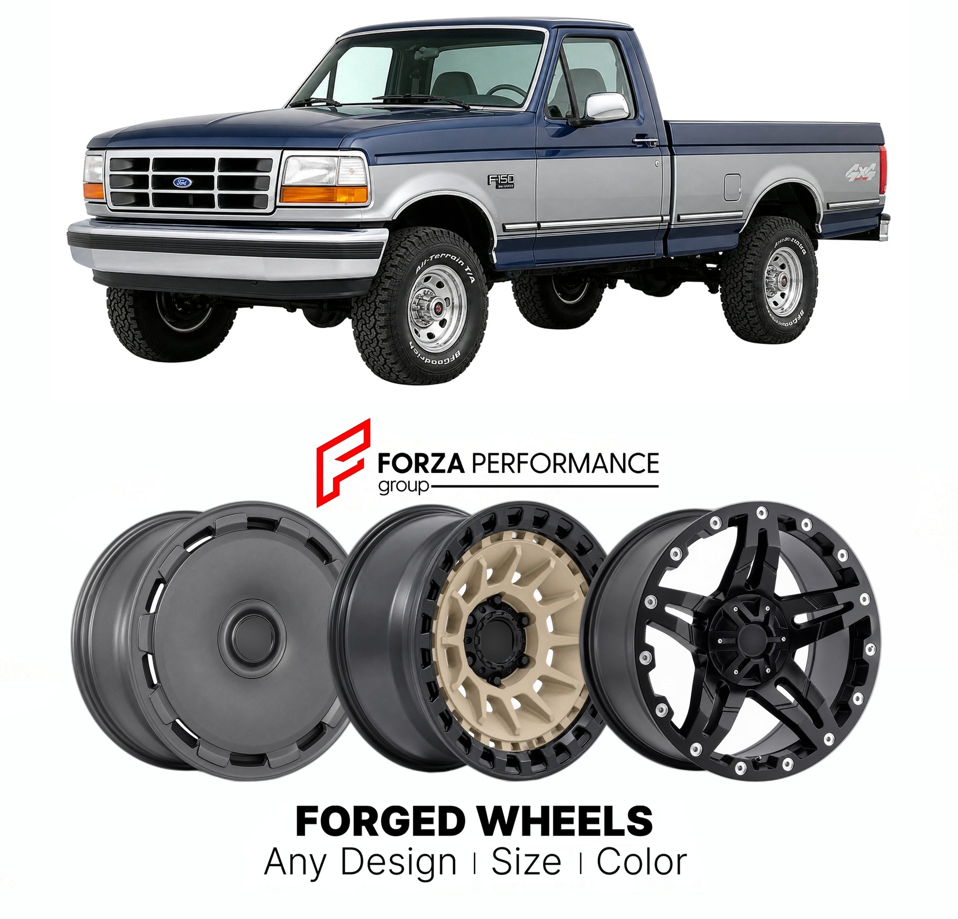 FORGED WHEELS RIMS for FORD F-150 4X4 OFF-ROAD 1992 - 1996

Custom forged wheels for Ford F-150 4x4 Off-Road 1992 - 1996. Made-to-order monoblock, 2-piece and 3-piece rims in custom sizes, offsets, colors and finishes with guaranteed fitment.

We manufacture premium quality forged wheels rims for Ford F-150 4x4 Off-Road 1992 - 1996 in any design, size, color.

THIS WHEEL DESIGN CAN BE CUSTOM-MADE FOR YOUR CAR IN ANY SIZE AND COLOR OPTIONS
Available in monoblock, 2-piece, 3-piece, duoblock, beadlock
3D wheel
