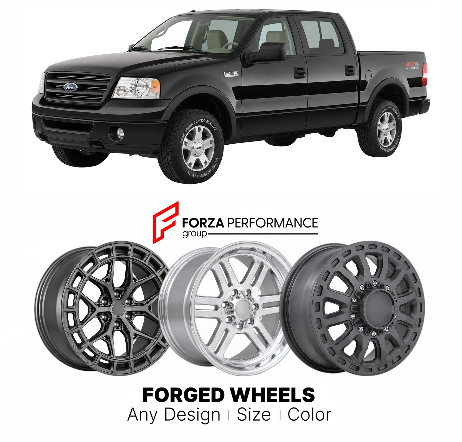 FORGED WHEELS RIMS for FORD F-150 FX4 2004 - 2008

Custom forged wheels for Ford F-150 FX4 2004 - 2008. Made-to-order monoblock, 2-piece and 3-piece rims in custom sizes, offsets, colors and finishes with guaranteed fitment.

We manufacture premium quality forged wheels rims for Ford F-150 FX4 2004 - 2008 in any design, size, color.

THIS WHEEL DESIGN CAN BE CUSTOM-MADE FOR YOUR CAR IN ANY SIZE AND COLOR OPTIONS
Available in monoblock, 2-piece, 3-piece, duoblock, beadlock
3D wheel renderings are provided ac