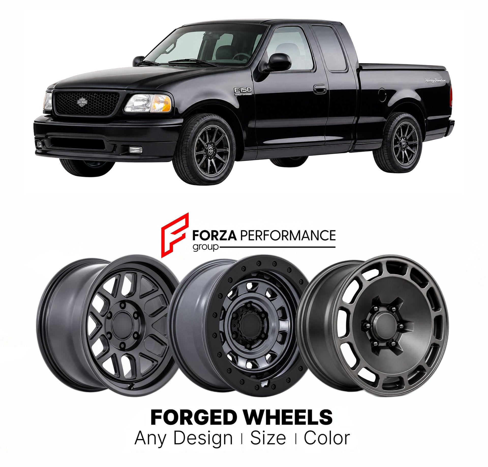 FORGED WHEELS RIMS for FORD F-150 HARLEY-DAVIDSON EDITION 1997 - 2003

Custom forged wheels for Ford F-150 Harley-Davidson Edition 1997 - 2003. Made-to-order monoblock, 2-piece and 3-piece rims in custom sizes, offsets, colors and finishes with guaranteed fitment.

We manufacture premium quality forged wheels rims for Ford F-150 Harley-Davidson Edition 1997 - 2003 in any design, size, color.

THIS WHEEL DESIGN CAN BE CUSTOM-MADE FOR YOUR CAR IN ANY SIZE AND COLOR OPTIONS
Available in monoblock, 2-piece, 3-p