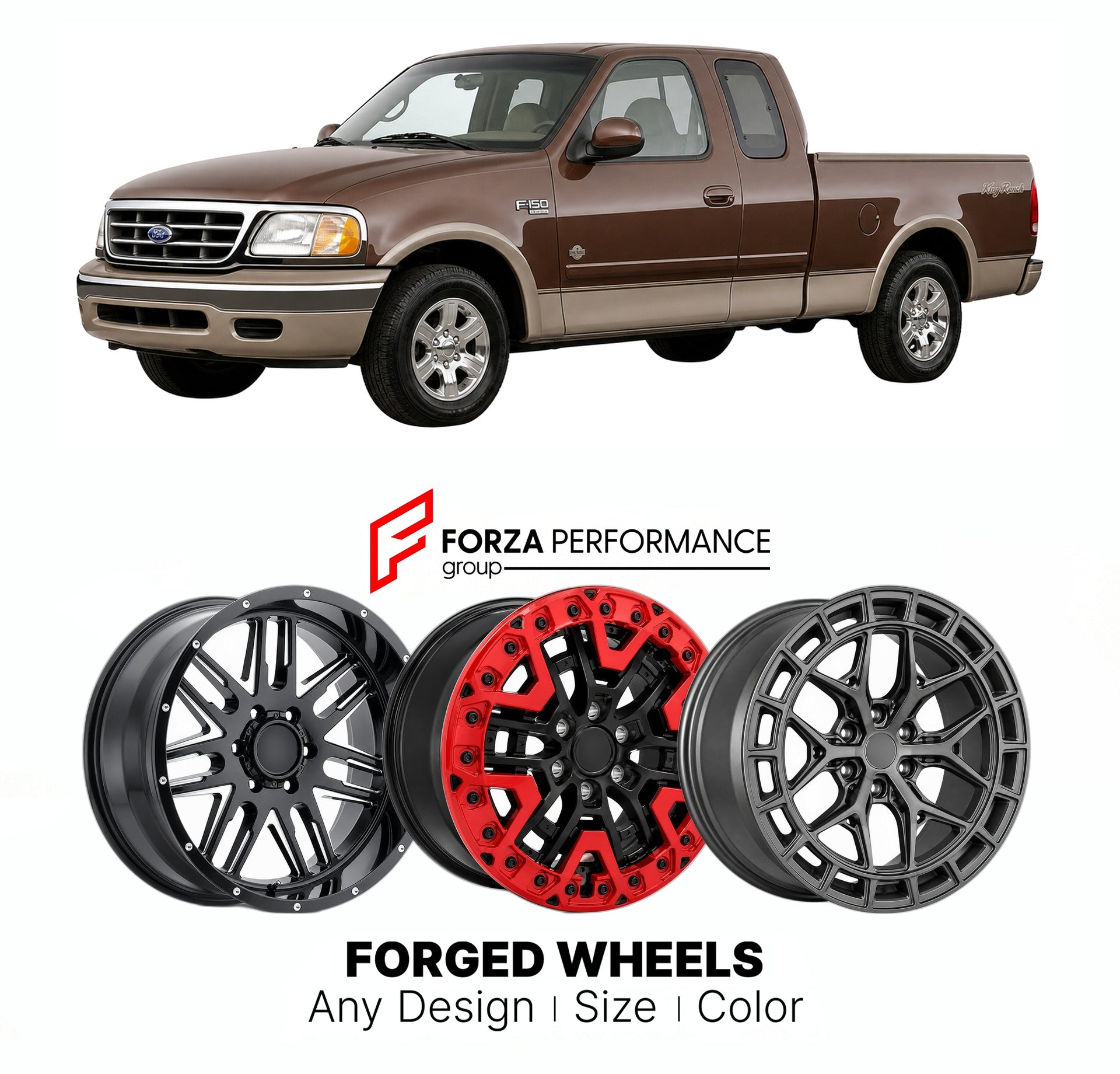 FORGED WHEELS RIMS for FORD F-150 KING RANCH 1997 - 2003

Custom forged wheels for Ford F-150 King Ranch 1997 - 2003. Made-to-order monoblock, 2-piece and 3-piece rims in custom sizes, offsets, colors and finishes with guaranteed fitment.

We manufacture premium quality forged wheels rims for Ford F-150 King Ranch 1997 - 2003 in any design, size, color.

THIS WHEEL DESIGN CAN BE CUSTOM-MADE FOR YOUR CAR IN ANY SIZE AND COLOR OPTIONS
Available in monoblock, 2-piece, 3-piece, duoblock, beadlock
3D wheel rende