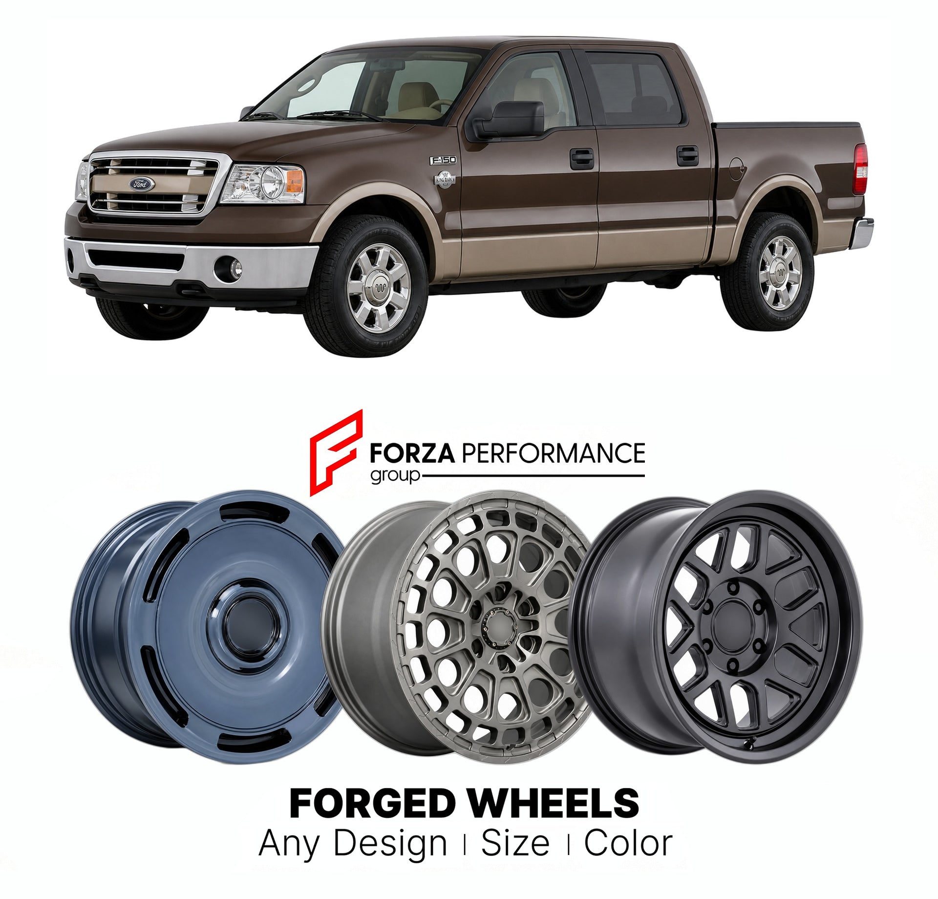 FORGED WHEELS RIMS for FORD F-150 KING RANCH 2004 - 2008

Custom forged wheels for Ford F-150 King Ranch 2004 - 2008. Made-to-order monoblock, 2-piece and 3-piece rims in custom sizes, offsets, colors and finishes with guaranteed fitment.

We manufacture premium quality forged wheels rims for Ford F-150 King Ranch 2004 - 2008 in any design, size, color.

THIS WHEEL DESIGN CAN BE CUSTOM-MADE FOR YOUR CAR IN ANY SIZE AND COLOR OPTIONS
Available in monoblock, 2-piece, 3-piece, duoblock, beadlock
3D wheel rende