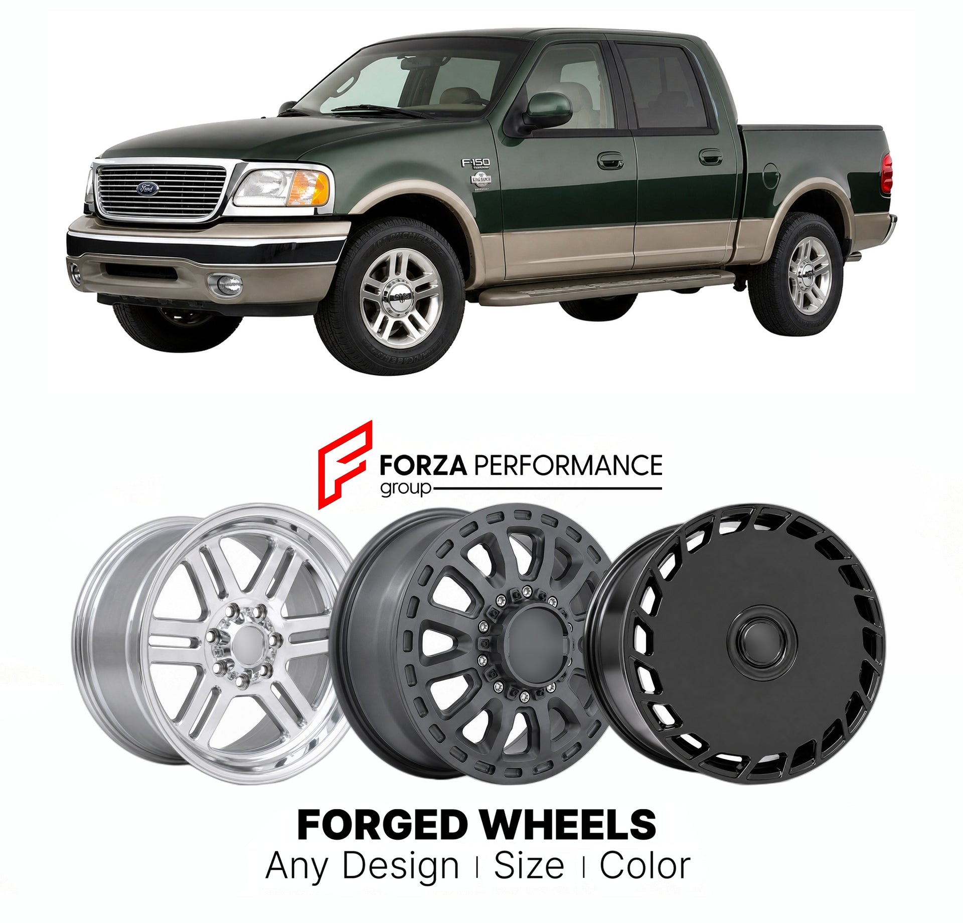 FORGED WHEELS RIMS for FORD F-150 KING RANCH ONWARD LUXURY TRIM 2001+

Custom forged wheels for Ford F-150 King Ranch Onward Luxury Trim 2001+. Made-to-order monoblock, 2-piece and 3-piece rims in custom sizes, offsets, colors and finishes with guaranteed fitment.

We manufacture premium quality forged wheels rims for Ford F-150 King Ranch Onward Luxury Trim 2001+ in any design, size, color.

THIS WHEEL DESIGN CAN BE CUSTOM-MADE FOR YOUR CAR IN ANY SIZE AND COLOR OPTIONS
Available in monoblock, 2-piece, 3-p