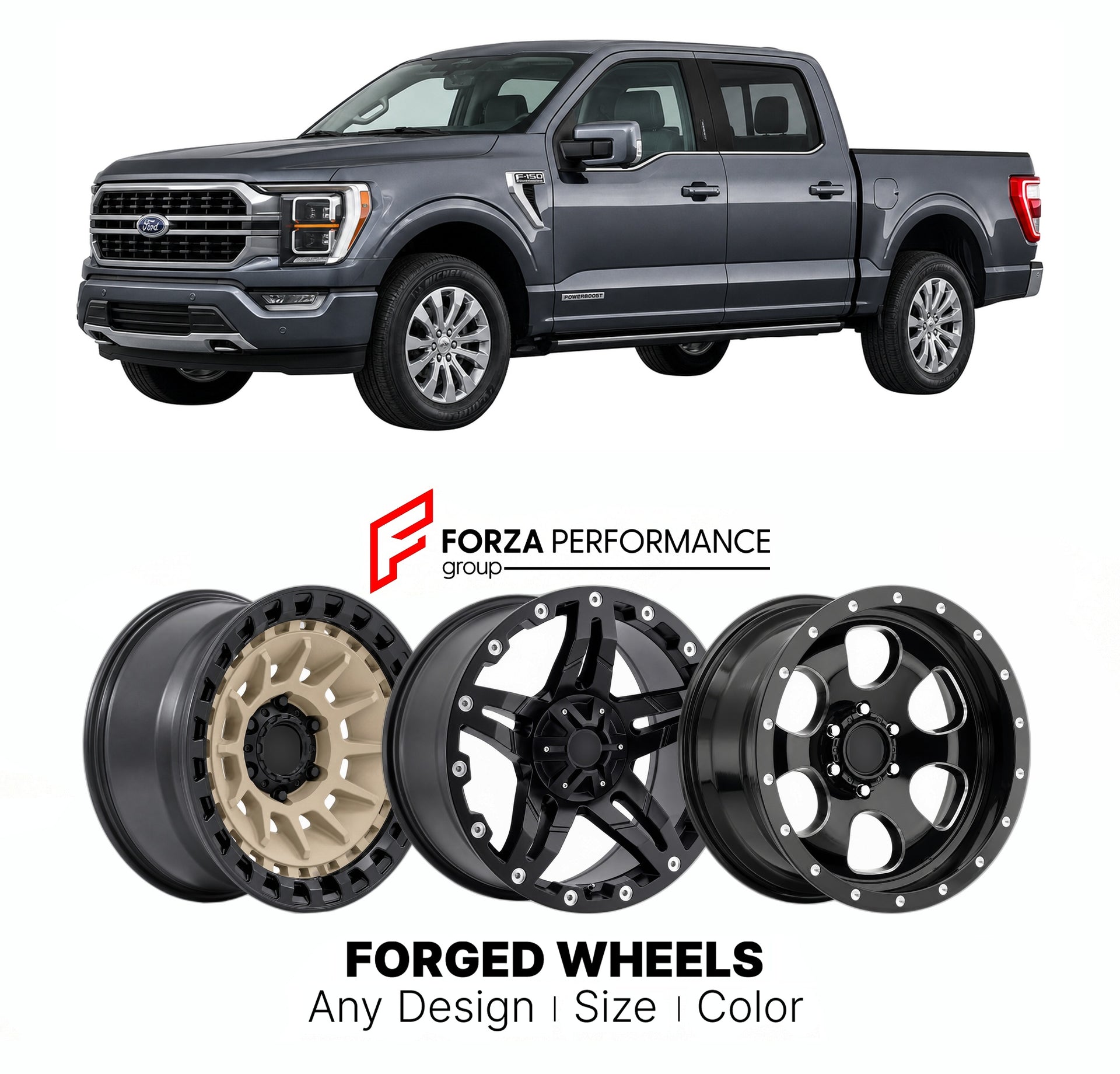 FORGED WHEELS RIMS for FORD F-150 POWERBOOST HYBRID 2021+

Custom forged wheels for Ford F-150 PowerBoost Hybrid 2021+. Made-to-order monoblock, 2-piece and 3-piece rims in custom sizes, offsets, colors and finishes with guaranteed fitment.

We manufacture premium quality forged wheels rims for Ford F-150 PowerBoost Hybrid 2021+ in any design, size, color.

THIS WHEEL DESIGN CAN BE CUSTOM-MADE FOR YOUR CAR IN ANY SIZE AND COLOR OPTIONS
Available in monoblock, 2-piece, 3-piece, duoblock, beadlock
3D wheel re