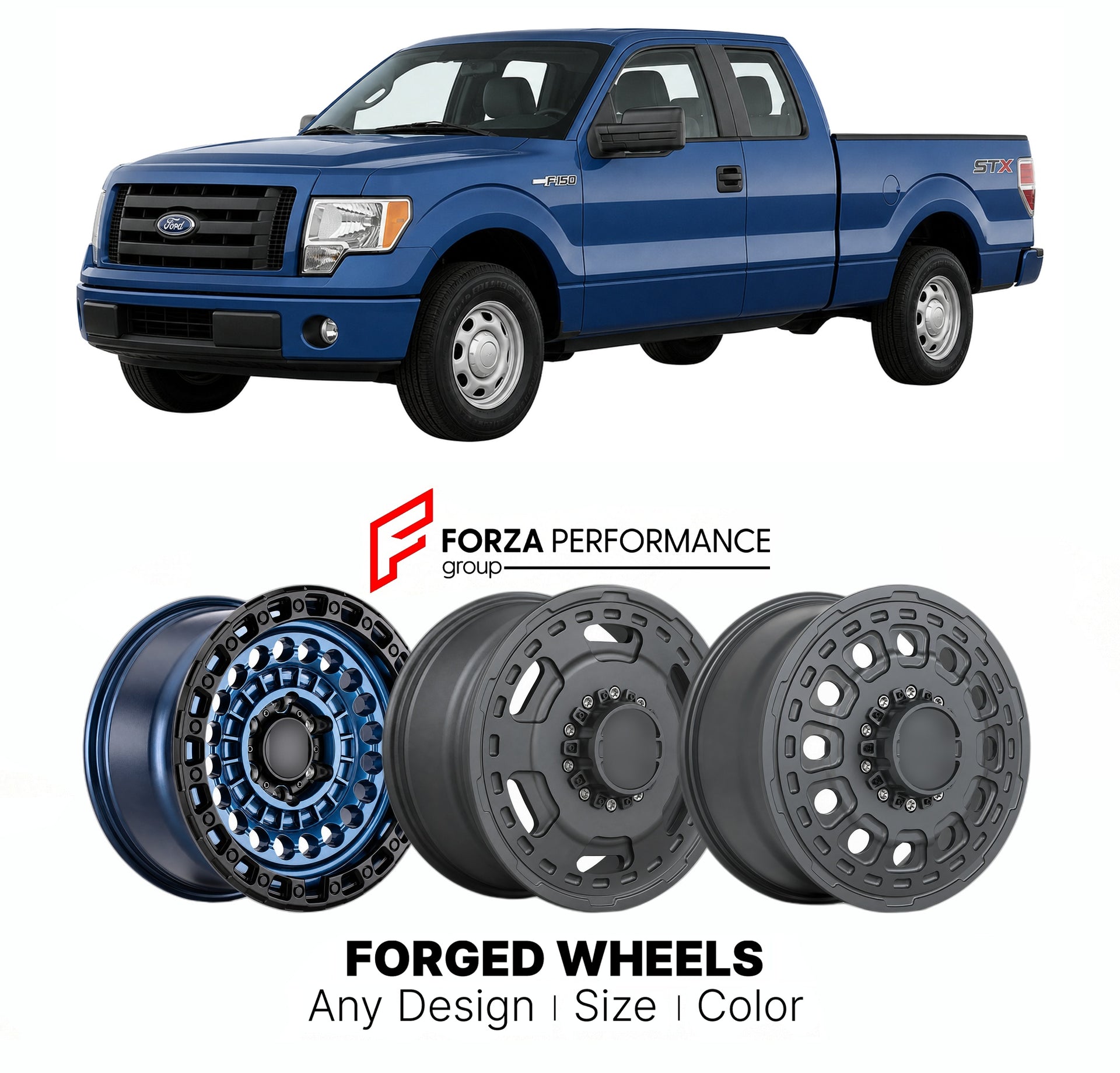 FORGED WHEELS RIMS for FORD F-150 STX 2009 - 2014

Custom forged wheels for Ford F-150 STX 2009 - 2014. Made-to-order monoblock, 2-piece and 3-piece rims in custom sizes, offsets, colors and finishes with guaranteed fitment.

We manufacture premium quality forged wheels rims for Ford F-150 STX 2009 - 2014 in any design, size, color.

THIS WHEEL DESIGN CAN BE CUSTOM-MADE FOR YOUR CAR IN ANY SIZE AND COLOR OPTIONS
Available in monoblock, 2-piece, 3-piece, duoblock, beadlock
3D wheel renderings are provided ac