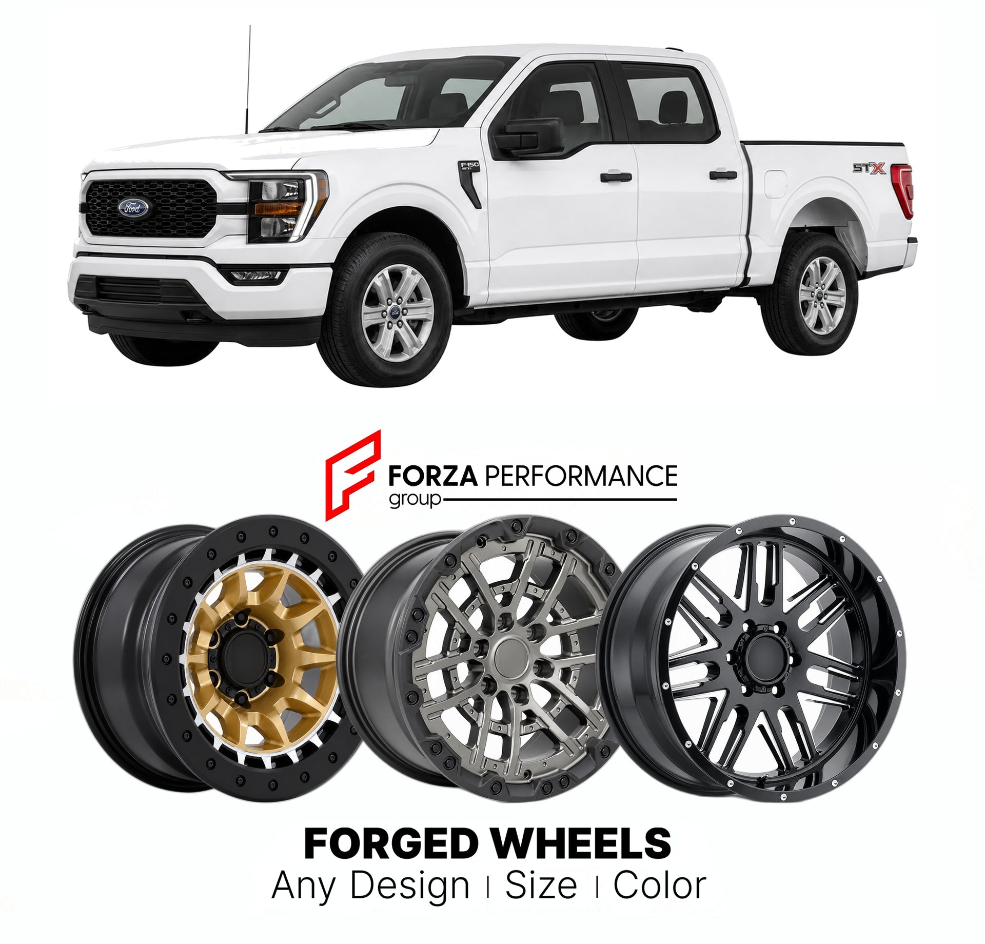 FORGED WHEELS RIMS for FORD F-150 STX 2021+

Custom forged wheels for Ford F-150 STX 2021+. Made-to-order monoblock, 2-piece and 3-piece rims in custom sizes, offsets, colors and finishes with guaranteed fitment.

We manufacture premium quality forged wheels rims for Ford F-150 STX 2021+ in any design, size, color.

THIS WHEEL DESIGN CAN BE CUSTOM-MADE FOR YOUR CAR IN ANY SIZE AND COLOR OPTIONS
Available in monoblock, 2-piece, 3-piece, duoblock, beadlock
3D wheel renderings are provided according to the exa