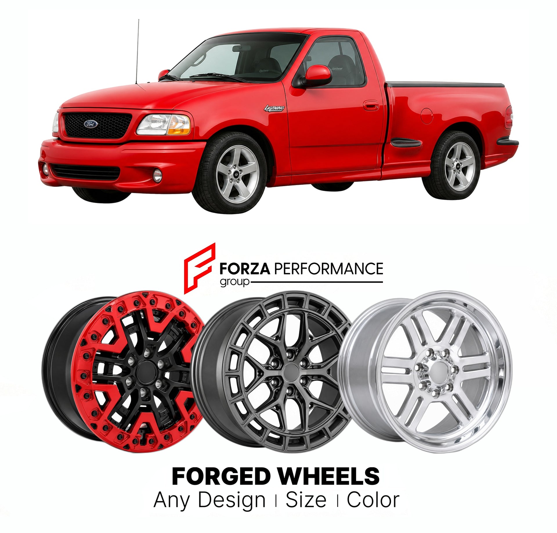 FORGED WHEELS RIMS for FORD F-150 SVT LIGHTNING 1997 - 2003

Custom forged wheels for Ford F-150 SVT Lightning 1997 - 2003. Made-to-order monoblock, 2-piece and 3-piece rims in custom sizes, offsets, colors and finishes with guaranteed fitment.

We manufacture premium quality forged wheels rims for Ford F-150 SVT Lightning 1997 - 2003 in any design, size, color.

THIS WHEEL DESIGN CAN BE CUSTOM-MADE FOR YOUR CAR IN ANY SIZE AND COLOR OPTIONS
Available in monoblock, 2-piece, 3-piece, duoblock, beadlock
3D wh