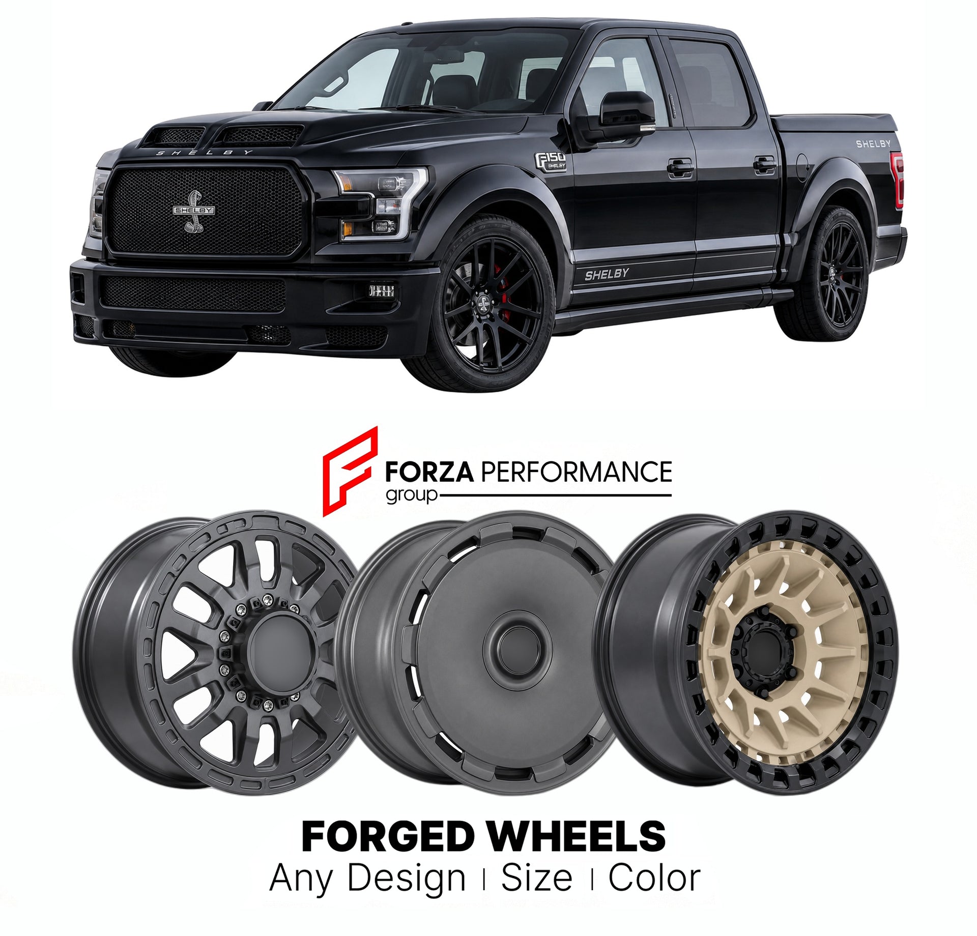 FORGED WHEELS RIMS for FORD F-150 SHELBY 2015 - 2020

Custom forged wheels for Ford F-150 Shelby 2015 - 2020. Made-to-order monoblock, 2-piece and 3-piece rims in custom sizes, offsets, colors and finishes with guaranteed fitment.

We manufacture premium quality forged wheels rims for Ford F-150 Shelby 2015 - 2020 in any design, size, color.

THIS WHEEL DESIGN CAN BE CUSTOM-MADE FOR YOUR CAR IN ANY SIZE AND COLOR OPTIONS
Available in monoblock, 2-piece, 3-piece, duoblock, beadlock
3D wheel renderings are pr