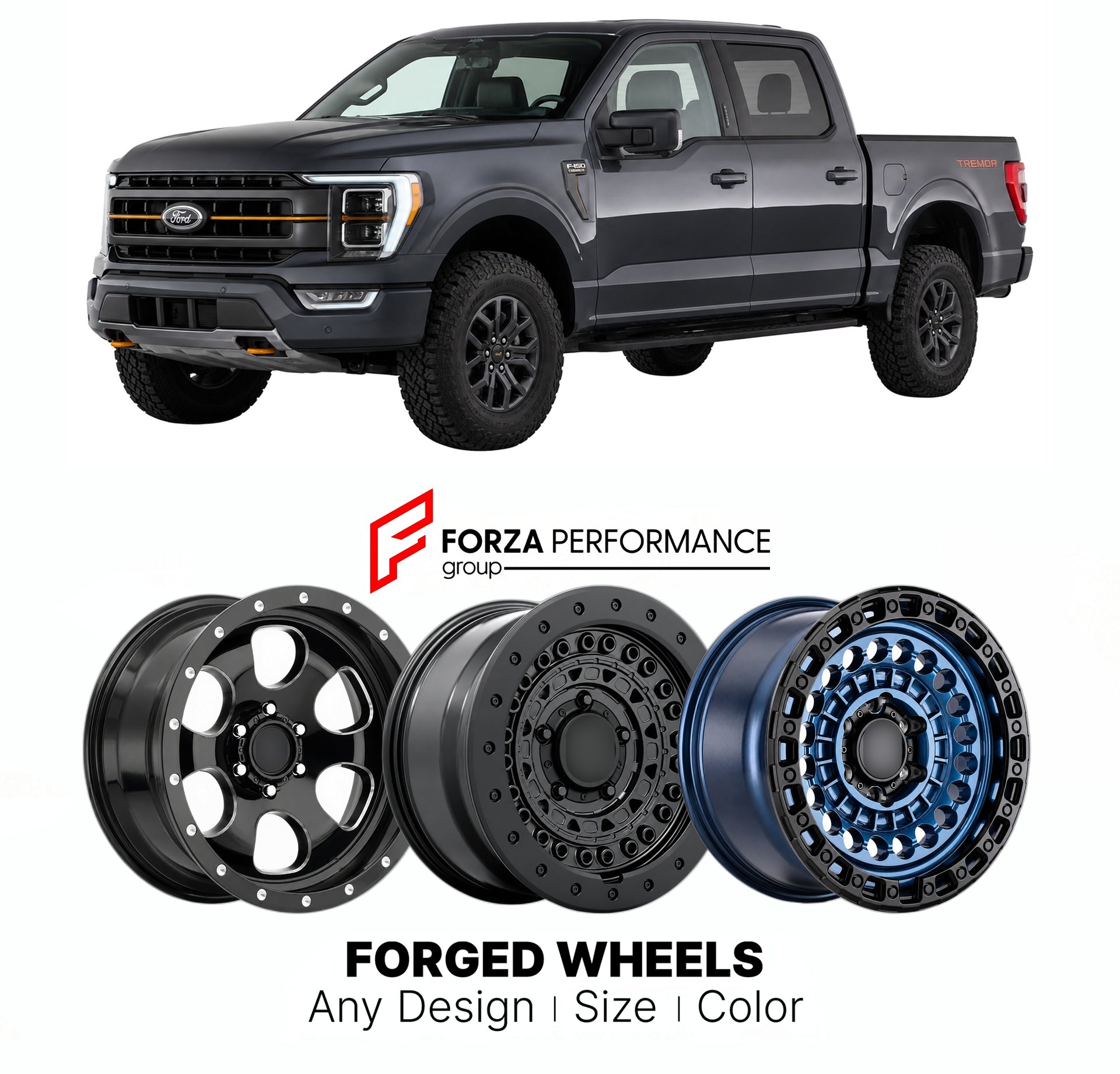 FORGED WHEELS RIMS for FORD F-150 TREMOR 2021+

Custom forged wheels for Ford F-150 Tremor 2021+. Made-to-order monoblock, 2-piece and 3-piece rims in custom sizes, offsets, colors and finishes with guaranteed fitment.

We manufacture premium quality forged wheels rims for Ford F-150 Tremor 2021+ in any design, size, color.

THIS WHEEL DESIGN CAN BE CUSTOM-MADE FOR YOUR CAR IN ANY SIZE AND COLOR OPTIONS
Available in monoblock, 2-piece, 3-piece, duoblock, beadlock
3D wheel renderings are provided according t