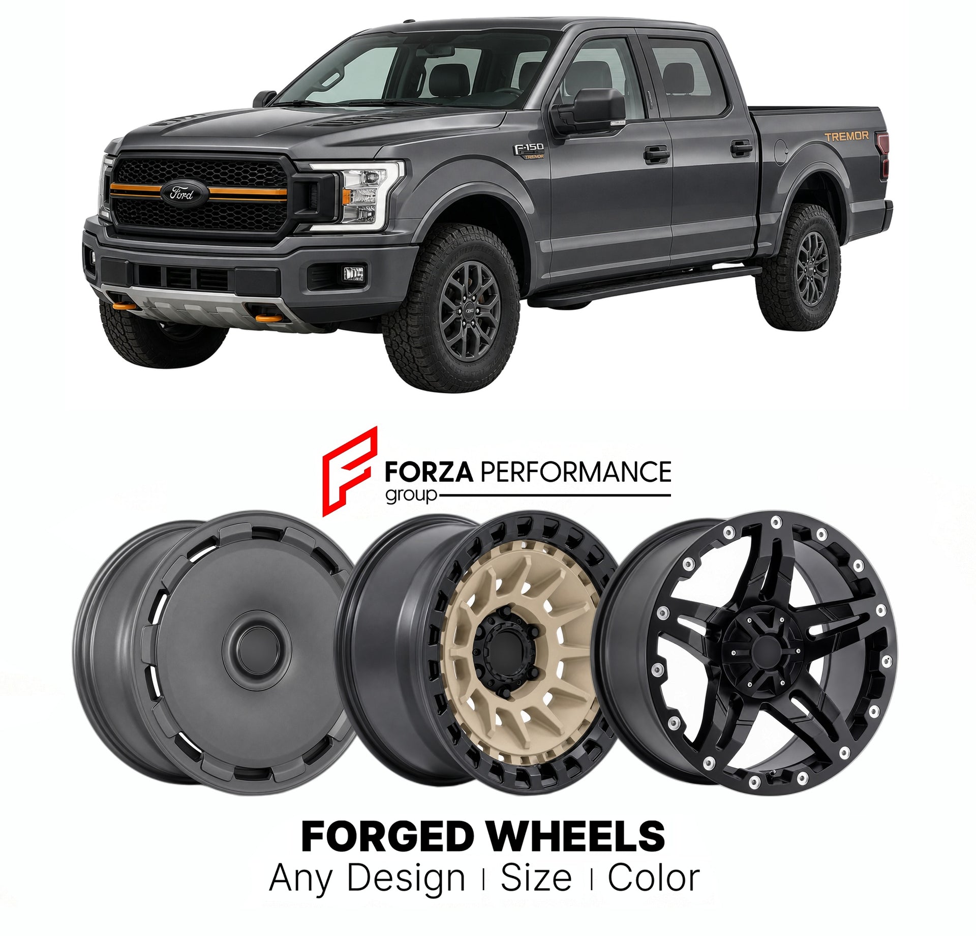 FORGED WHEELS RIMS for FORD F-150 TREMOR OFF-ROAD TRIM 2014+

Custom forged wheels for Ford F-150 Tremor Off-Road Trim 2014+. Made-to-order monoblock, 2-piece and 3-piece rims in custom sizes, offsets, colors and finishes with guaranteed fitment.

We manufacture premium quality forged wheels rims for Ford F-150 Tremor Off-Road Trim 2014+ in any design, size, color.

THIS WHEEL DESIGN CAN BE CUSTOM-MADE FOR YOUR CAR IN ANY SIZE AND COLOR OPTIONS
Available in monoblock, 2-piece, 3-piece, duoblock, beadlock
3D