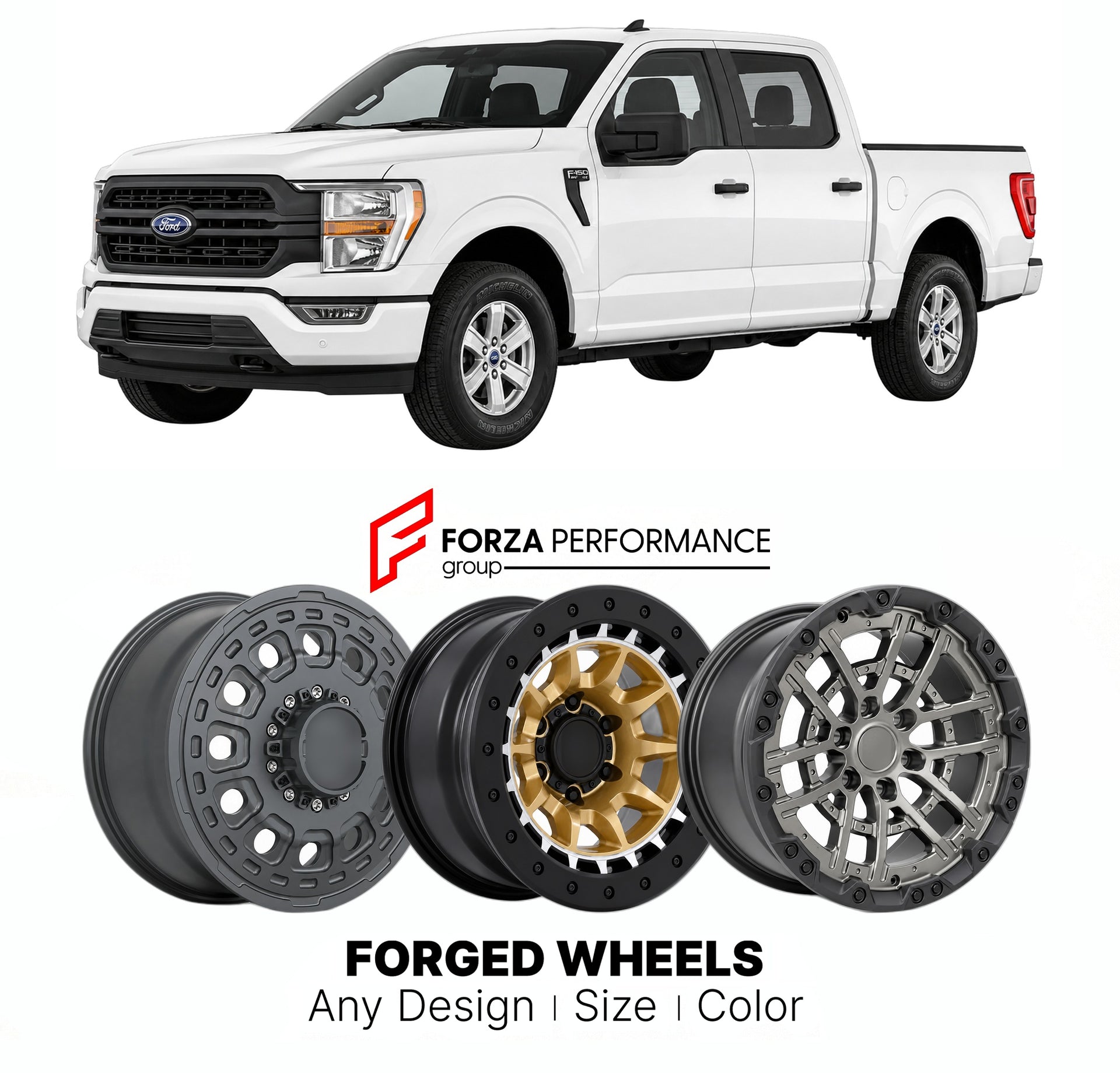 FORGED WHEELS RIMS for FORD F-150 XLT 2021+

Custom forged wheels for Ford F-150 XLT 2021+. Made-to-order monoblock, 2-piece and 3-piece rims in custom sizes, offsets, colors and finishes with guaranteed fitment.

We manufacture premium quality forged wheels rims for Ford F-150 XLT 2021+ in any design, size, color.

THIS WHEEL DESIGN CAN BE CUSTOM-MADE FOR YOUR CAR IN ANY SIZE AND COLOR OPTIONS
Available in monoblock, 2-piece, 3-piece, duoblock, beadlock
3D wheel renderings are provided according to the exa