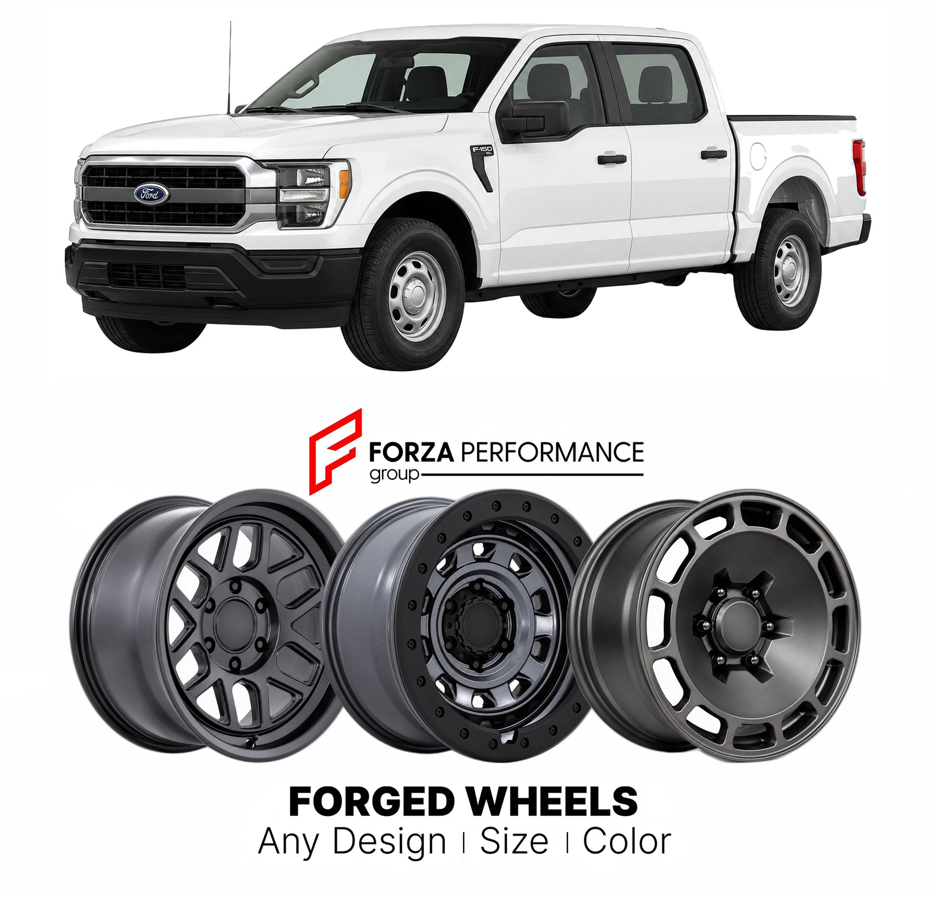 FORGED WHEELS RIMS for FORD F-150 XL 2021+

Custom forged wheels for Ford F-150 XL 2021+. Made-to-order monoblock, 2-piece and 3-piece rims in custom sizes, offsets, colors and finishes with guaranteed fitment.

We manufacture premium quality forged wheels rims for Ford F-150 XL 2021+ in any design, size, color.

THIS WHEEL DESIGN CAN BE CUSTOM-MADE FOR YOUR CAR IN ANY SIZE AND COLOR OPTIONS
Available in monoblock, 2-piece, 3-piece, duoblock, beadlock
3D wheel renderings are provided according to the exact 