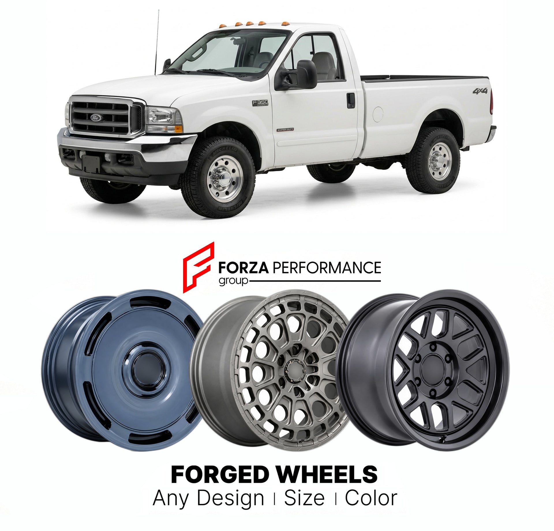 FORGED WHEELS RIMS for FORD F-350 1999 - 2024

Custom forged wheels for Ford F-350 1999 - 2024. Made-to-order monoblock, 2-piece and 3-piece rims in custom sizes, offsets, colors and finishes with guaranteed fitment.

We manufacture premium quality forged wheels rims for Ford F-350 1999 - 2024 in any design, size, color.

THIS WHEEL DESIGN CAN BE CUSTOM-MADE FOR YOUR CAR IN ANY SIZE AND COLOR OPTIONS
Available in monoblock, 2-piece, 3-piece, duoblock, beadlock
3D wheel renderings are provided according to t