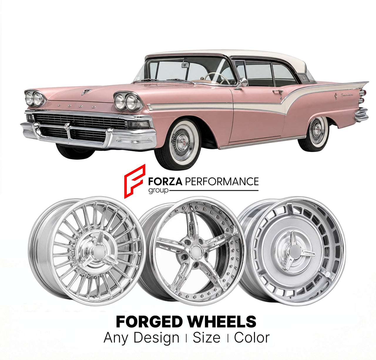 CUSTOM CLASSIC VINTAGE RESTOMOD RETRO OLD SCHOOL FORGED WHEELS RIMS for FORD FAIRLANE 1958 - 1959
Custom forged wheels for classic American muscle cars. Ideal for restomod builds, vintage restorations, and show cars. Deep dish and retro styling available.

We manufacture premium quality forged wheels rims for Ford Fairlane 1958 - 1959 in any design, size, color.

THIS WHEEL DESIGN CAN BE CUSTOM-MADE FOR YOUR CAR IN ANY SIZE AND COLOR OPTIONS
Available in monoblock, 2-piece, 3-piece, duoblock, beadlock
3D wh