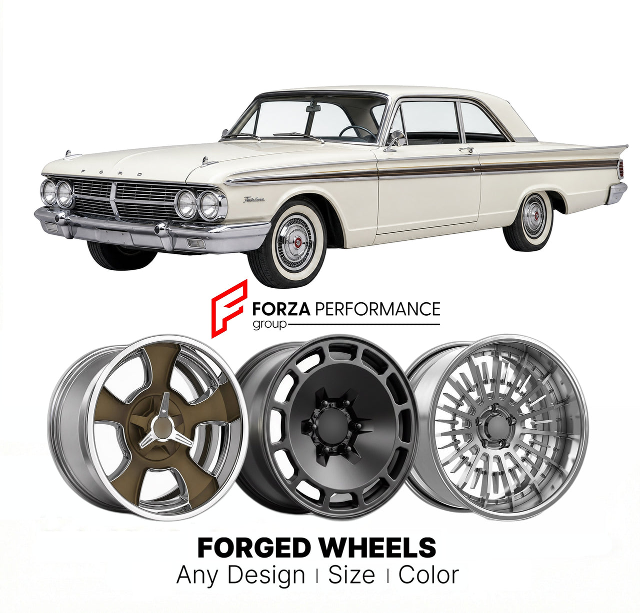 CUSTOM CLASSIC VINTAGE RESTOMOD RETRO OLD SCHOOL FORGED WHEELS RIMS for FORD FAIRLANE 1960 - 1961
Custom forged wheels for classic American muscle cars. Ideal for restomod builds, vintage restorations, and show cars. Deep dish and retro styling available.

We manufacture premium quality forged wheels rims for Ford Fairlane 1960 - 1961 in any design, size, color.

THIS WHEEL DESIGN CAN BE CUSTOM-MADE FOR YOUR CAR IN ANY SIZE AND COLOR OPTIONS
Available in monoblock, 2-piece, 3-piece, duoblock, beadlock
3D wh