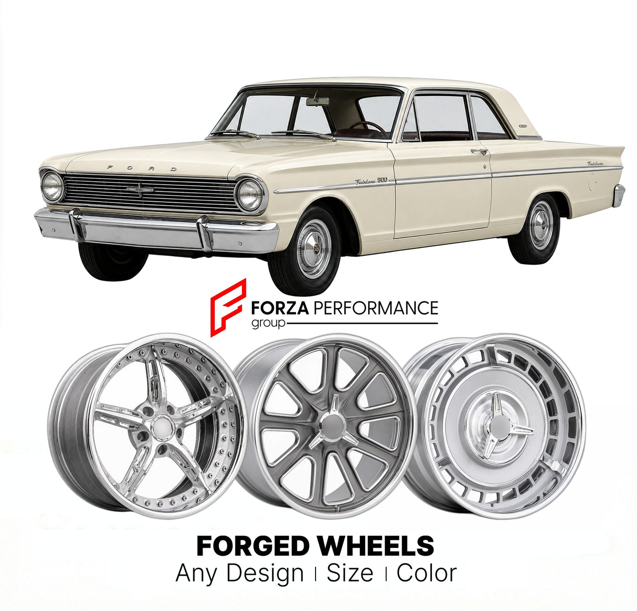 CUSTOM CLASSIC VINTAGE RESTOMOD RETRO OLD SCHOOL FORGED WHEELS RIMS for FORD FAIRLANE 1962 - 1965
Custom forged wheels for classic American muscle cars. Ideal for restomod builds, vintage restorations, and show cars. Deep dish and retro styling available.

We manufacture premium quality forged wheels rims for Ford Fairlane 1962 - 1965 in any design, size, color.

THIS WHEEL DESIGN CAN BE CUSTOM-MADE FOR YOUR CAR IN ANY SIZE AND COLOR OPTIONS
Available in monoblock, 2-piece, 3-piece, duoblock, beadlock
3D wh
