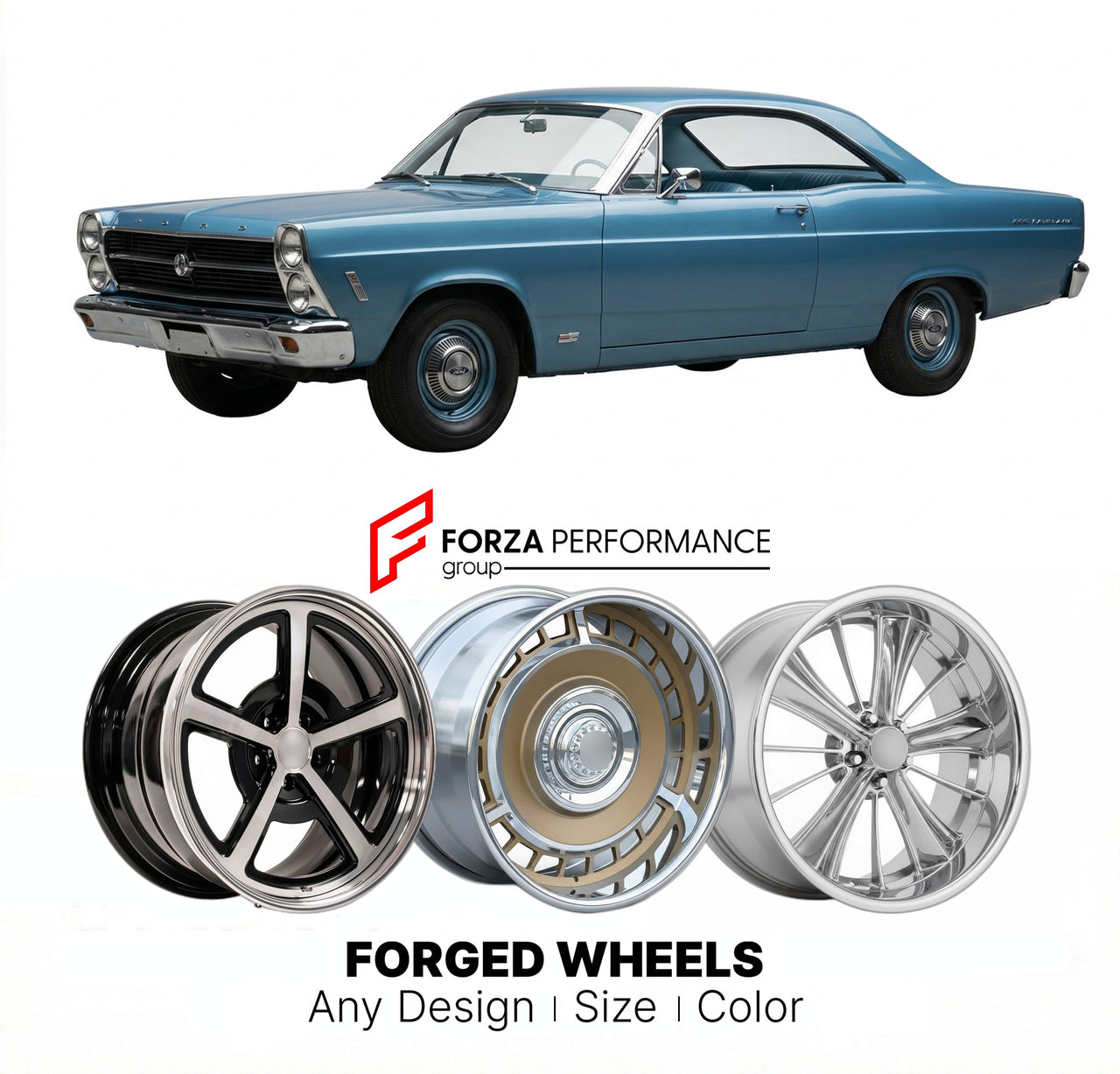CUSTOM CLASSIC VINTAGE RESTOMOD RETRO OLD SCHOOL FORGED WHEELS RIMS for FORD FAIRLANE 1966 - 1967
Custom forged wheels for classic American muscle cars. Ideal for restomod builds, vintage restorations, and show cars. Deep dish and retro styling available.

We manufacture premium quality forged wheels rims for Ford Fairlane 1966 - 1967 in any design, size, color.

THIS WHEEL DESIGN CAN BE CUSTOM-MADE FOR YOUR CAR IN ANY SIZE AND COLOR OPTIONS
Available in monoblock, 2-piece, 3-piece, duoblock, beadlock
3D wh