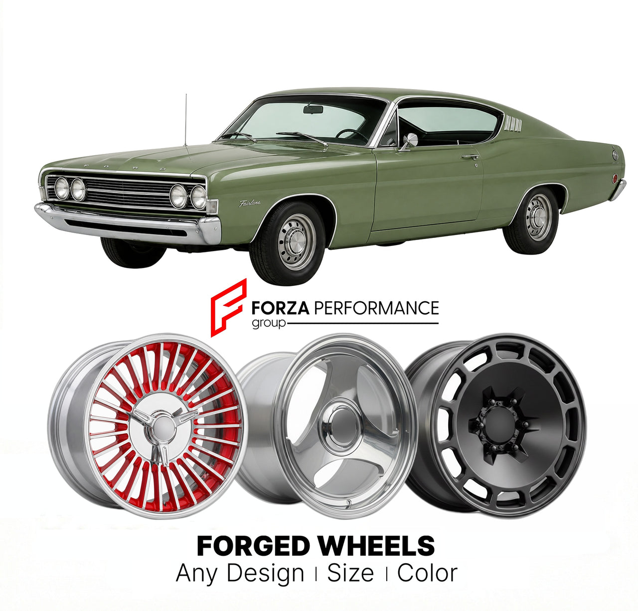CUSTOM CLASSIC VINTAGE RESTOMOD RETRO OLD SCHOOL FORGED WHEELS RIMS for FORD FAIRLANE 1968 - 1970
Custom forged wheels for classic American muscle cars. Ideal for restomod builds, vintage restorations, and show cars. Deep dish and retro styling available.

We manufacture premium quality forged wheels rims for Ford Fairlane 1968 - 1970 in any design, size, color.

THIS WHEEL DESIGN CAN BE CUSTOM-MADE FOR YOUR CAR IN ANY SIZE AND COLOR OPTIONS
Available in monoblock, 2-piece, 3-piece, duoblock, beadlock
3D wh