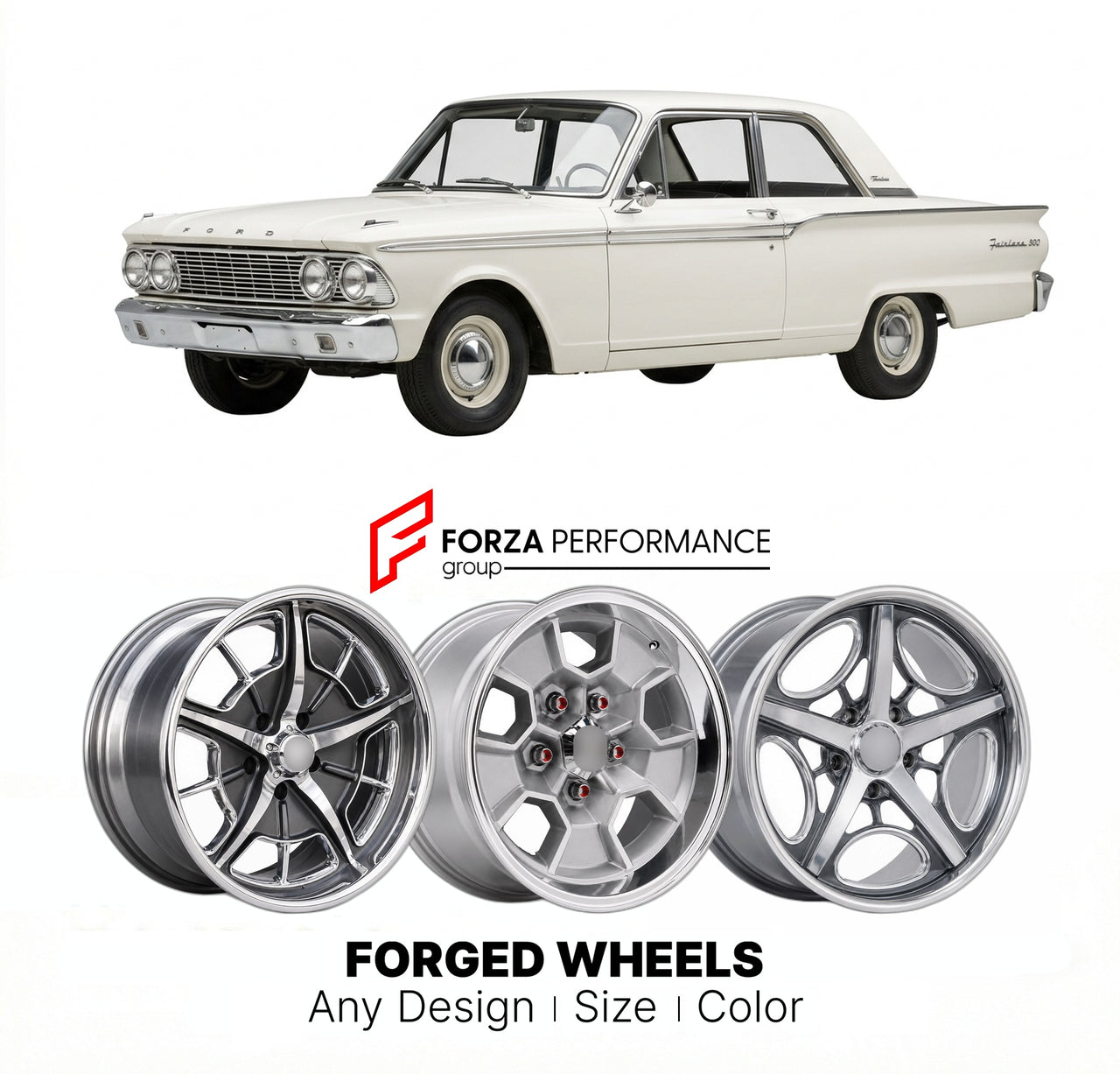 CUSTOM CLASSIC VINTAGE RESTOMOD RETRO OLD SCHOOL FORGED WHEELS RIMS for FORD FAIRLANE 500 1962 - 1965
Custom forged wheels for classic American muscle cars. Ideal for restomod builds, vintage restorations, and show cars. Deep dish and retro styling available.

We manufacture premium quality forged wheels rims for Ford Fairlane 500 1962 - 1965 in any design, size, color.

THIS WHEEL DESIGN CAN BE CUSTOM-MADE FOR YOUR CAR IN ANY SIZE AND COLOR OPTIONS
Available in monoblock, 2-piece, 3-piece, duoblock, beadlo