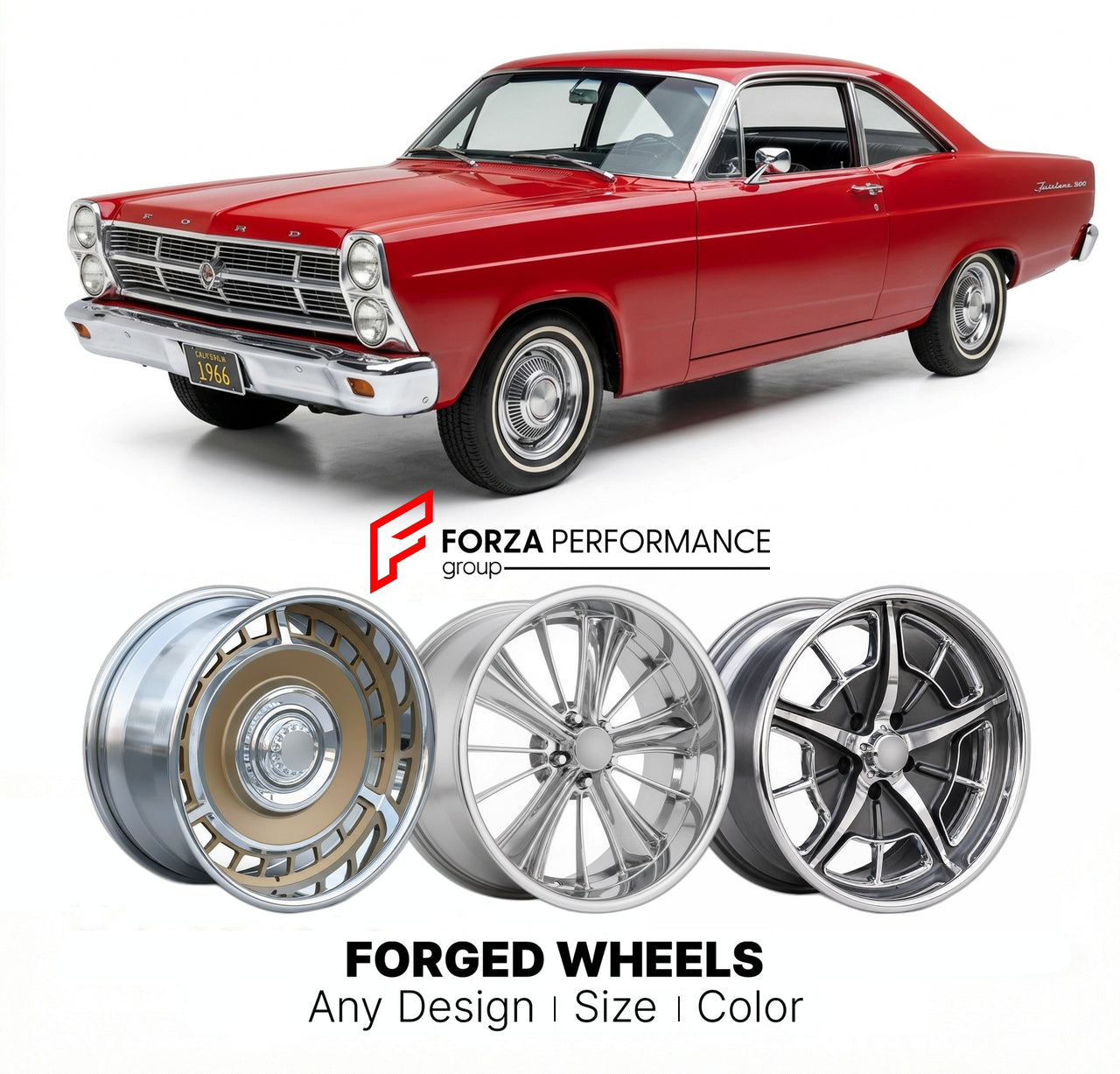 CUSTOM CLASSIC VINTAGE RESTOMOD RETRO OLD SCHOOL FORGED WHEELS RIMS for FORD FAIRLANE 500 1966 - 1967
Custom forged wheels for classic American muscle cars. Ideal for restomod builds, vintage restorations, and show cars. Deep dish and retro styling available.

We manufacture premium quality forged wheels rims for Ford Fairlane 500 1966 - 1967 in any design, size, color.

THIS WHEEL DESIGN CAN BE CUSTOM-MADE FOR YOUR CAR IN ANY SIZE AND COLOR OPTIONS
Available in monoblock, 2-piece, 3-piece, duoblock, beadlo