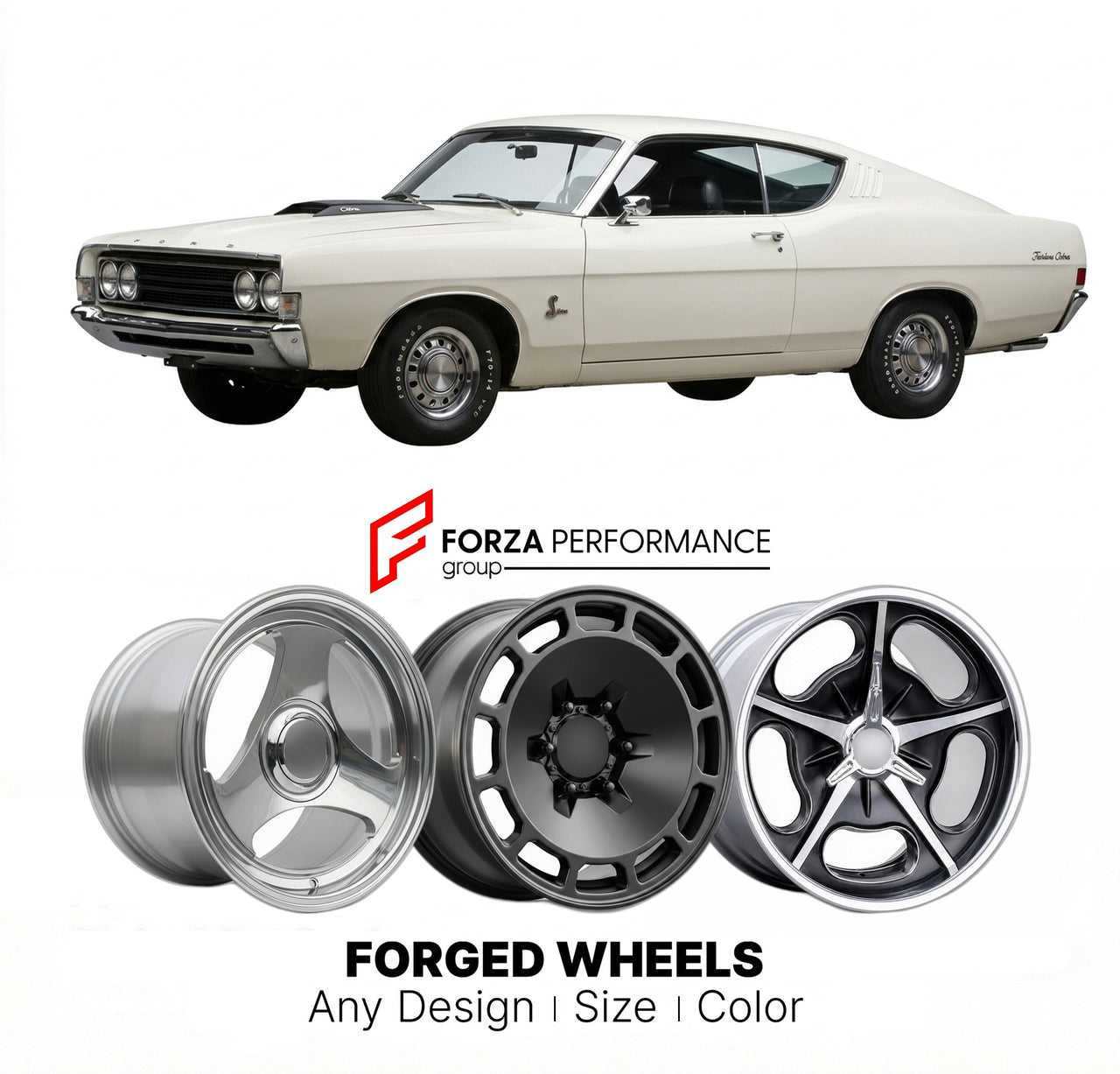 CUSTOM CLASSIC VINTAGE RESTOMOD RETRO OLD SCHOOL FORGED WHEELS RIMS for FORD FAIRLANE COBRA 1968 - 1969
Custom forged wheels for classic American muscle cars. Ideal for restomod builds, vintage restorations, and show cars. Deep dish and retro styling available.

We manufacture premium quality forged wheels rims for Ford Fairlane Cobra 1968 - 1969 in any design, size, color.

THIS WHEEL DESIGN CAN BE CUSTOM-MADE FOR YOUR CAR IN ANY SIZE AND COLOR OPTIONS
Available in monoblock, 2-piece, 3-piece, duoblock, be