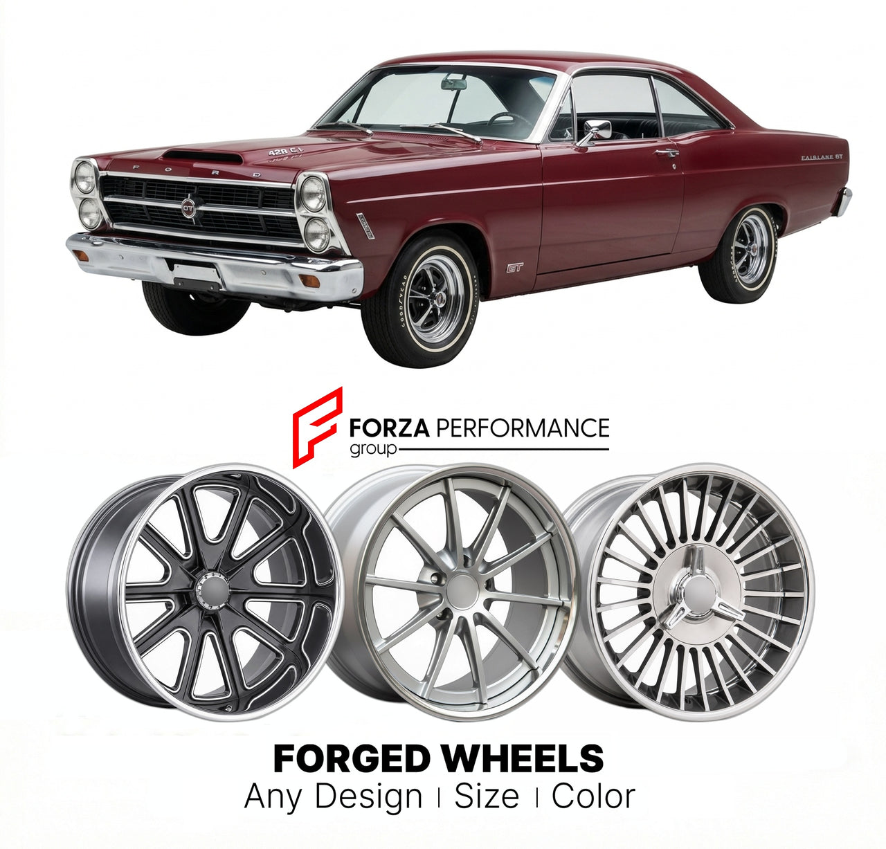 CUSTOM CLASSIC VINTAGE RESTOMOD RETRO OLD SCHOOL FORGED WHEELS RIMS for FORD FAIRLANE GT 1966 - 1967
Custom forged wheels for classic American muscle cars. Ideal for restomod builds, vintage restorations, and show cars. Deep dish and retro styling available.

We manufacture premium quality forged wheels rims for Ford Fairlane GT 1966 - 1967 in any design, size, color.

THIS WHEEL DESIGN CAN BE CUSTOM-MADE FOR YOUR CAR IN ANY SIZE AND COLOR OPTIONS
Available in monoblock, 2-piece, 3-piece, duoblock, beadlock