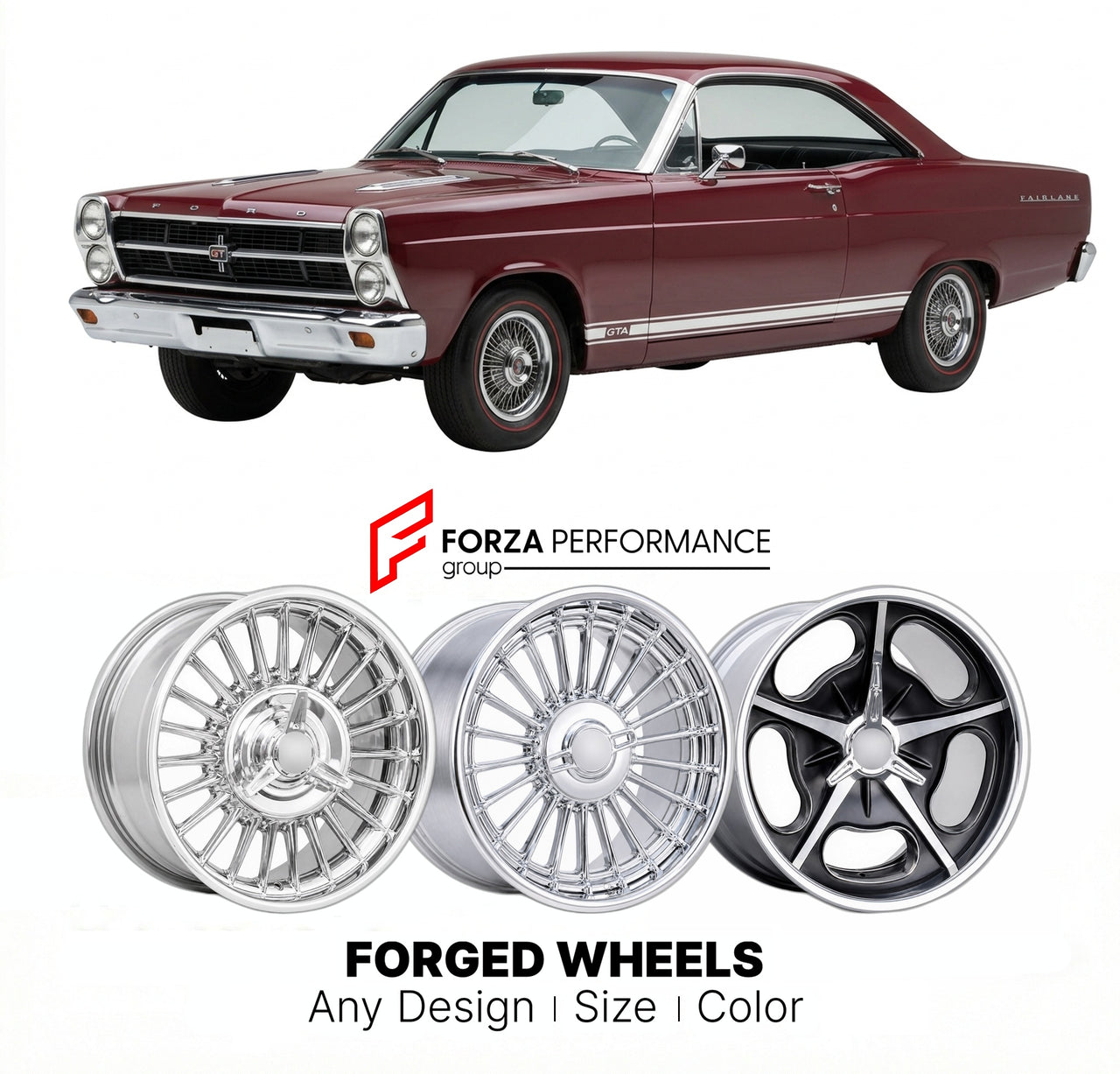 CUSTOM CLASSIC VINTAGE RESTOMOD RETRO OLD SCHOOL FORGED WHEELS RIMS for FORD FAIRLANE GT GTA COBRA 1966 - 1967
Custom forged wheels for classic American muscle cars. Ideal for restomod builds, vintage restorations, and show cars. Deep dish and retro styling available.

We manufacture premium quality forged wheels rims for Ford Fairlane GT GTA Cobra 1966 - 1967 in any design, size, color.

THIS WHEEL DESIGN CAN BE CUSTOM-MADE FOR YOUR CAR IN ANY SIZE AND COLOR OPTIONS
Available in monoblock, 2-piece, 3-piece
