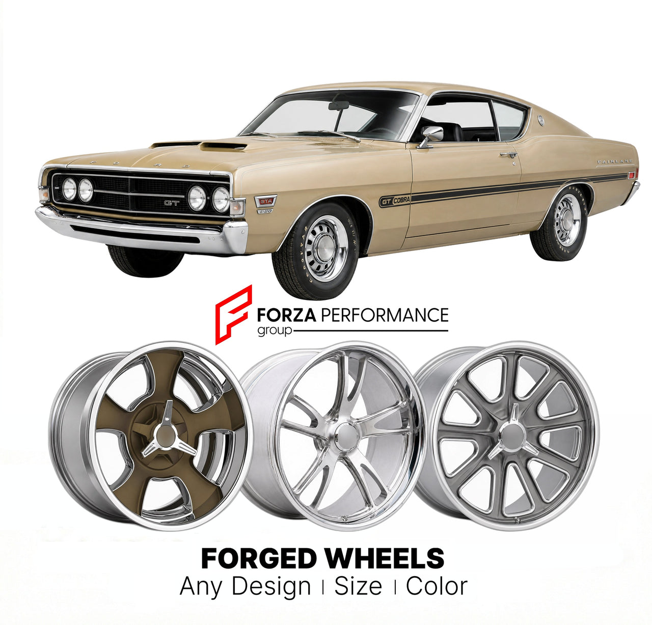 CUSTOM CLASSIC VINTAGE RESTOMOD RETRO OLD SCHOOL FORGED WHEELS RIMS for FORD FAIRLANE GT GTA COBRA 1968 - 1969
Custom forged wheels for classic American muscle cars. Ideal for restomod builds, vintage restorations, and show cars. Deep dish and retro styling available.

We manufacture premium quality forged wheels rims for Ford Fairlane GT GTA Cobra 1968 - 1969 in any design, size, color.

THIS WHEEL DESIGN CAN BE CUSTOM-MADE FOR YOUR CAR IN ANY SIZE AND COLOR OPTIONS
Available in monoblock, 2-piece, 3-piece