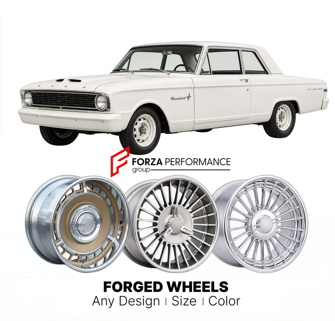 CUSTOM CLASSIC VINTAGE RESTOMOD RETRO OLD SCHOOL FORGED WHEELS RIMS for FORD FAIRLANE THUNDERBOLT 1964 - 1964
Custom forged wheels for classic American muscle cars. Ideal for restomod builds, vintage restorations, and show cars. Deep dish and retro styling available.

We manufacture premium quality forged wheels rims for Ford Fairlane Thunderbolt 1964 - 1964 in any design, size, color.

THIS WHEEL DESIGN CAN BE CUSTOM-MADE FOR YOUR CAR IN ANY SIZE AND COLOR OPTIONS
Available in monoblock, 2-piece, 3-piece, 