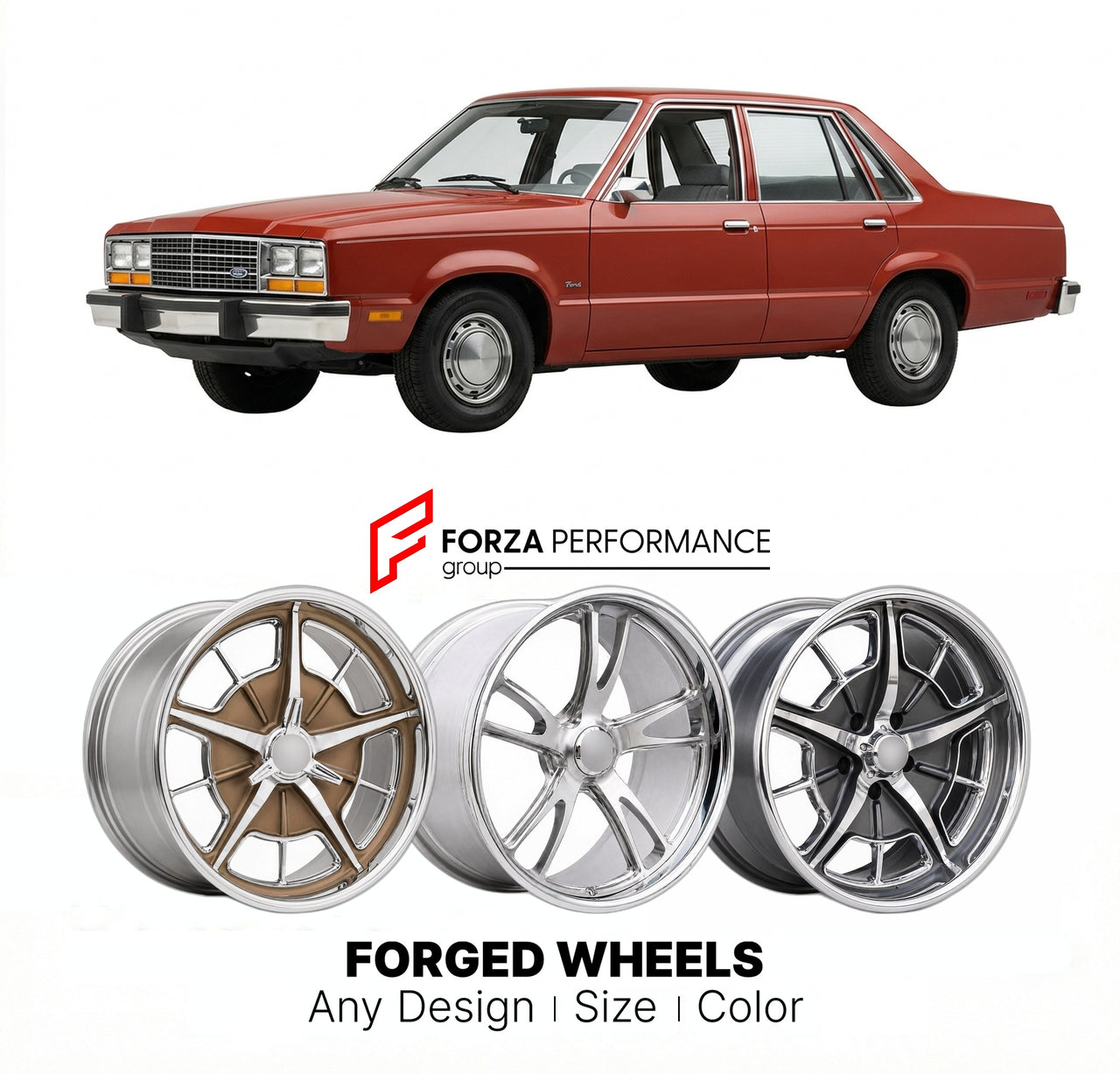 CUSTOM CLASSIC VINTAGE RESTOMOD RETRO OLD SCHOOL FORGED WHEELS RIMS for FORD FAIRMONT 1978 - 1983
Custom forged wheels for classic American muscle cars. Ideal for restomod builds, vintage restorations, and show cars. Deep dish and retro styling available.

We manufacture premium quality forged wheels rims for Ford Fairmont 1978 - 1983 in any design, size, color.

THIS WHEEL DESIGN CAN BE CUSTOM-MADE FOR YOUR CAR IN ANY SIZE AND COLOR OPTIONS
Available in monoblock, 2-piece, 3-piece, duoblock, beadlock
3D wh