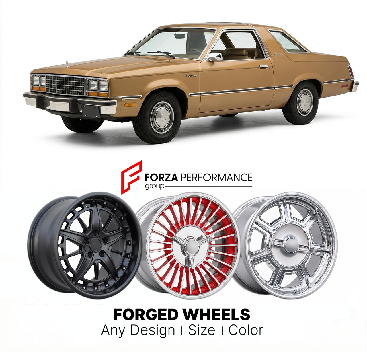 CUSTOM CLASSIC VINTAGE RESTOMOD RETRO OLD SCHOOL FORGED WHEELS RIMS for FORD FAIRMONT FUTURA 1978 - 1983
Custom forged wheels for classic American muscle cars. Ideal for restomod builds, vintage restorations, and show cars. Deep dish and retro styling available.

We manufacture premium quality forged wheels rims for Ford Fairmont Futura 1978 - 1983 in any design, size, color.

THIS WHEEL DESIGN CAN BE CUSTOM-MADE FOR YOUR CAR IN ANY SIZE AND COLOR OPTIONS
Available in monoblock, 2-piece, 3-piece, duoblock, 