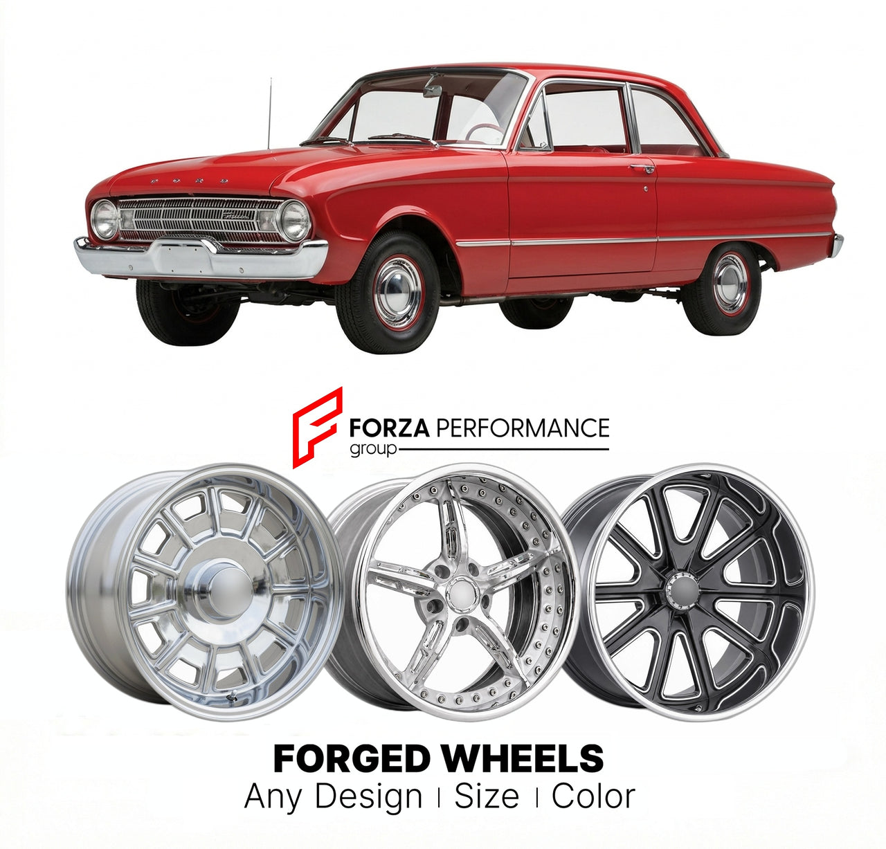 CUSTOM CLASSIC VINTAGE RESTOMOD RETRO OLD SCHOOL FORGED WHEELS RIMS for FORD FALCON 1960 - 1963
Custom forged wheels for classic American muscle cars. Ideal for restomod builds, vintage restorations, and show cars. Deep dish and retro styling available.

We manufacture premium quality forged wheels rims for Ford Falcon 1960 - 1963 in any design, size, color.

THIS WHEEL DESIGN CAN BE CUSTOM-MADE FOR YOUR CAR IN ANY SIZE AND COLOR OPTIONS
Available in monoblock, 2-piece, 3-piece, duoblock, beadlock
3D wheel 