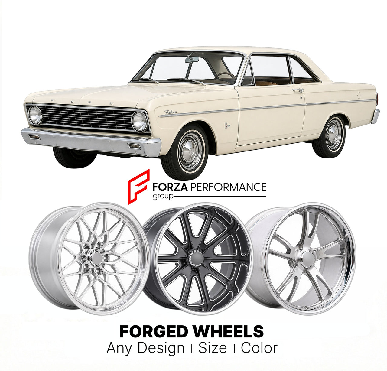 CUSTOM CLASSIC VINTAGE RESTOMOD RETRO OLD SCHOOL FORGED WHEELS RIMS for FORD FALCON 1966 - 1970
Custom forged wheels for classic American muscle cars. Ideal for restomod builds, vintage restorations, and show cars. Deep dish and retro styling available.

We manufacture premium quality forged wheels rims for Ford Falcon 1966 - 1970 in any design, size, color.

THIS WHEEL DESIGN CAN BE CUSTOM-MADE FOR YOUR CAR IN ANY SIZE AND COLOR OPTIONS
Available in monoblock, 2-piece, 3-piece, duoblock, beadlock
3D wheel 