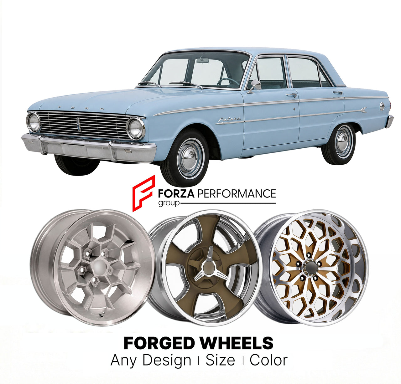 CUSTOM CLASSIC VINTAGE RESTOMOD RETRO OLD SCHOOL FORGED WHEELS RIMS for FORD FALCON FUTURA 1963 - 1963
Custom forged wheels for classic American muscle cars. Ideal for restomod builds, vintage restorations, and show cars. Deep dish and retro styling available.

We manufacture premium quality forged wheels rims for Ford Falcon Futura 1963 - 1963 in any design, size, color.

THIS WHEEL DESIGN CAN BE CUSTOM-MADE FOR YOUR CAR IN ANY SIZE AND COLOR OPTIONS
Available in monoblock, 2-piece, 3-piece, duoblock, bead