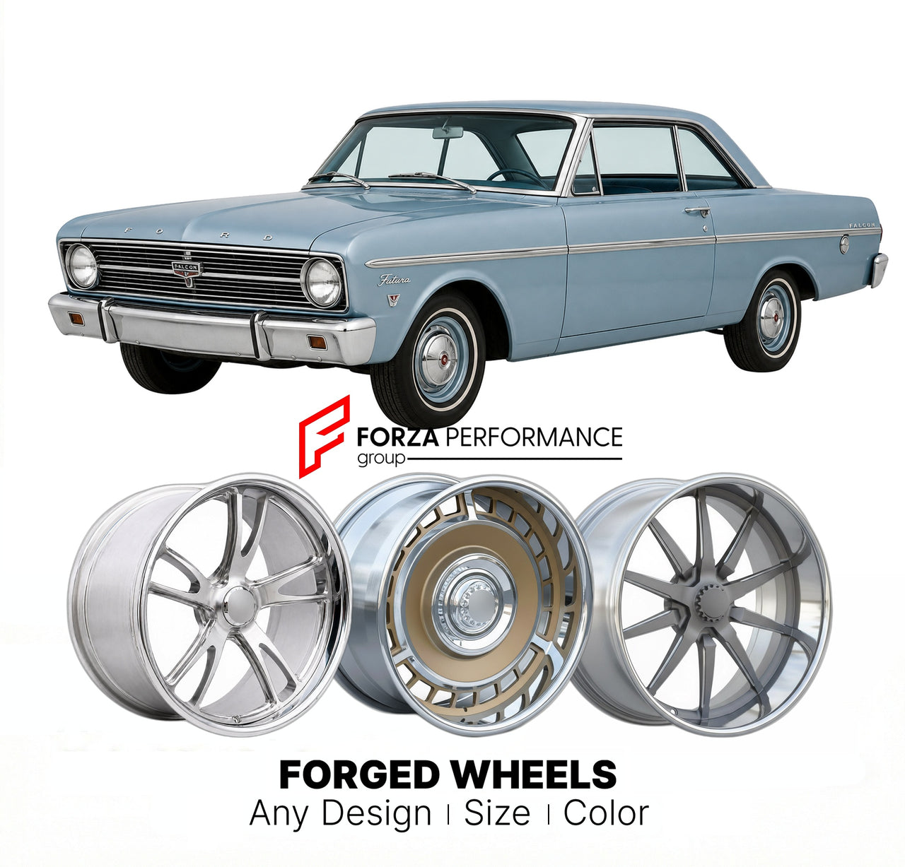 CUSTOM CLASSIC VINTAGE RESTOMOD RETRO OLD SCHOOL FORGED WHEELS RIMS for FORD FALCON FUTURA 1964 - 1965
Custom forged wheels for classic American muscle cars. Ideal for restomod builds, vintage restorations, and show cars. Deep dish and retro styling available.

We manufacture premium quality forged wheels rims for Ford Falcon Futura 1964 - 1965 in any design, size, color.

THIS WHEEL DESIGN CAN BE CUSTOM-MADE FOR YOUR CAR IN ANY SIZE AND COLOR OPTIONS
Available in monoblock, 2-piece, 3-piece, duoblock, bead