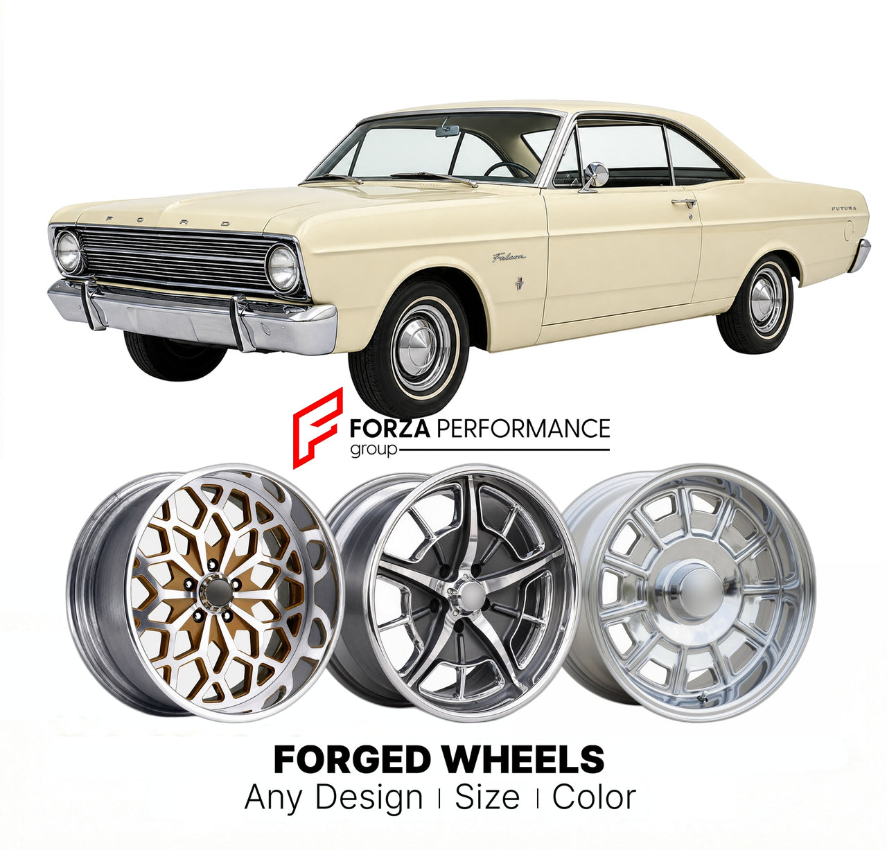 CUSTOM CLASSIC VINTAGE RESTOMOD RETRO OLD SCHOOL FORGED WHEELS RIMS for FORD FALCON FUTURA 1966 - 1970
Custom forged wheels for classic American muscle cars. Ideal for restomod builds, vintage restorations, and show cars. Deep dish and retro styling available.

We manufacture premium quality forged wheels rims for Ford Falcon Futura 1966 - 1970 in any design, size, color.

THIS WHEEL DESIGN CAN BE CUSTOM-MADE FOR YOUR CAR IN ANY SIZE AND COLOR OPTIONS
Available in monoblock, 2-piece, 3-piece, duoblock, bead