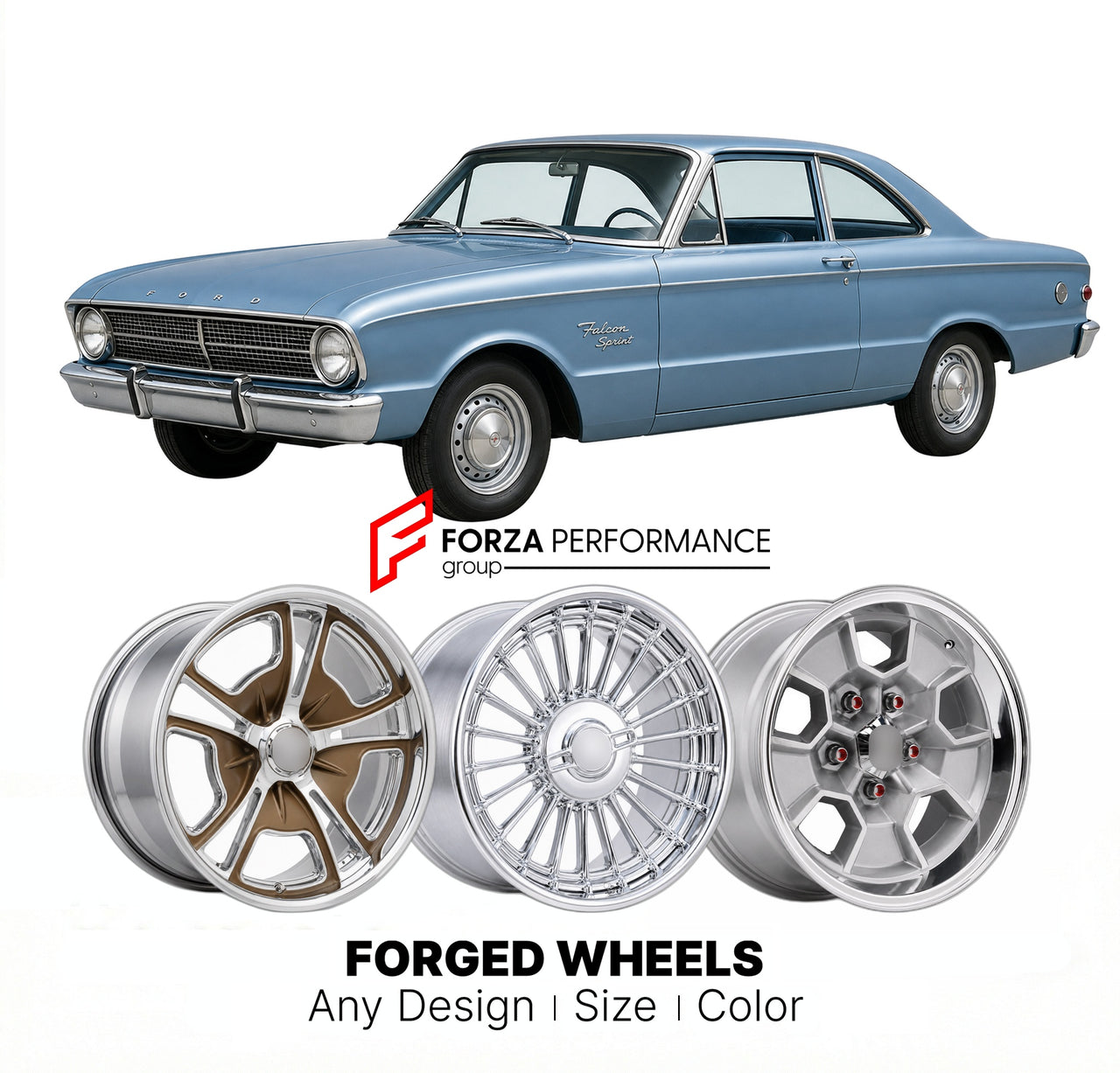 CUSTOM CLASSIC VINTAGE RESTOMOD RETRO OLD SCHOOL FORGED WHEELS RIMS for FORD FALCON SPRINT 1963 - 1963
Custom forged wheels for classic American muscle cars. Ideal for restomod builds, vintage restorations, and show cars. Deep dish and retro styling available.

We manufacture premium quality forged wheels rims for Ford Falcon Sprint 1963 - 1963 in any design, size, color.

THIS WHEEL DESIGN CAN BE CUSTOM-MADE FOR YOUR CAR IN ANY SIZE AND COLOR OPTIONS
Available in monoblock, 2-piece, 3-piece, duoblock, bead