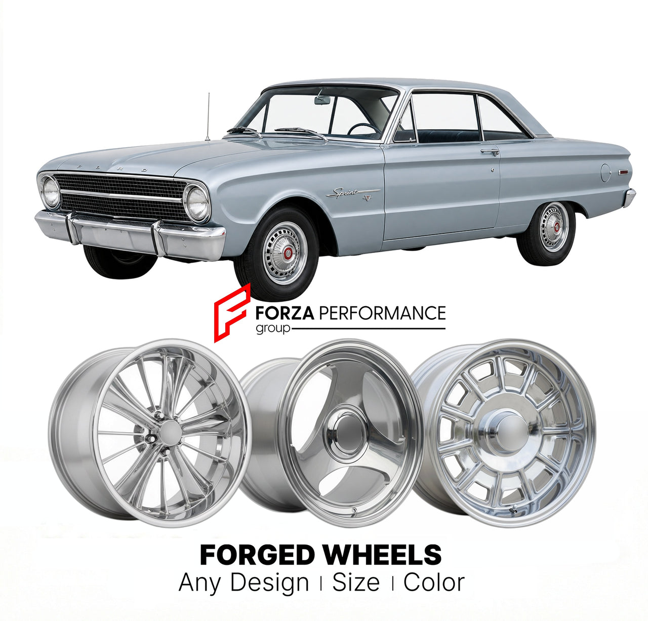 CUSTOM CLASSIC VINTAGE RESTOMOD RETRO OLD SCHOOL FORGED WHEELS RIMS for FORD FALCON SPRINT 1964 - 1965
Custom forged wheels for classic American muscle cars. Ideal for restomod builds, vintage restorations, and show cars. Deep dish and retro styling available.

We manufacture premium quality forged wheels rims for Ford Falcon Sprint 1964 - 1965 in any design, size, color.

THIS WHEEL DESIGN CAN BE CUSTOM-MADE FOR YOUR CAR IN ANY SIZE AND COLOR OPTIONS
Available in monoblock, 2-piece, 3-piece, duoblock, bead