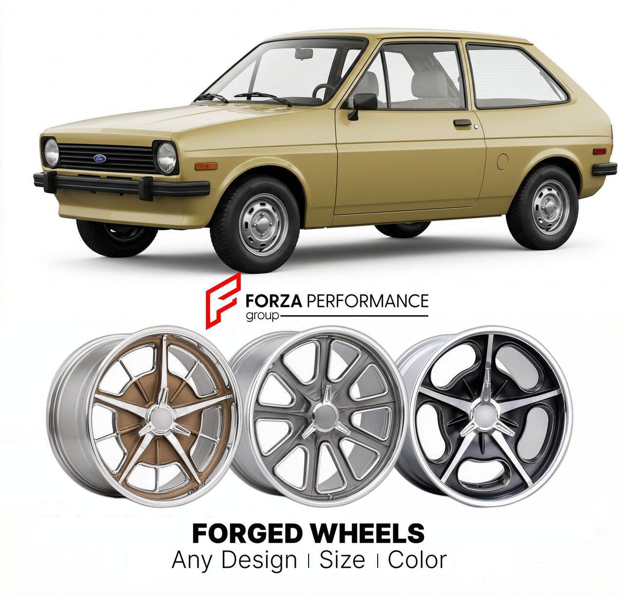 CUSTOM CLASSIC VINTAGE RESTOMOD RETRO OLD SCHOOL FORGED WHEELS RIMS for FORD FIESTA 1976 - 1980
Custom forged wheels for classic American muscle cars. Ideal for restomod builds, vintage restorations, and show cars. Deep dish and retro styling available.

We manufacture premium quality forged wheels rims for Ford Fiesta 1976 - 1980 in any design, size, color.

THIS WHEEL DESIGN CAN BE CUSTOM-MADE FOR YOUR CAR IN ANY SIZE AND COLOR OPTIONS
Available in monoblock, 2-piece, 3-piece, duoblock, beadlock
3D wheel 