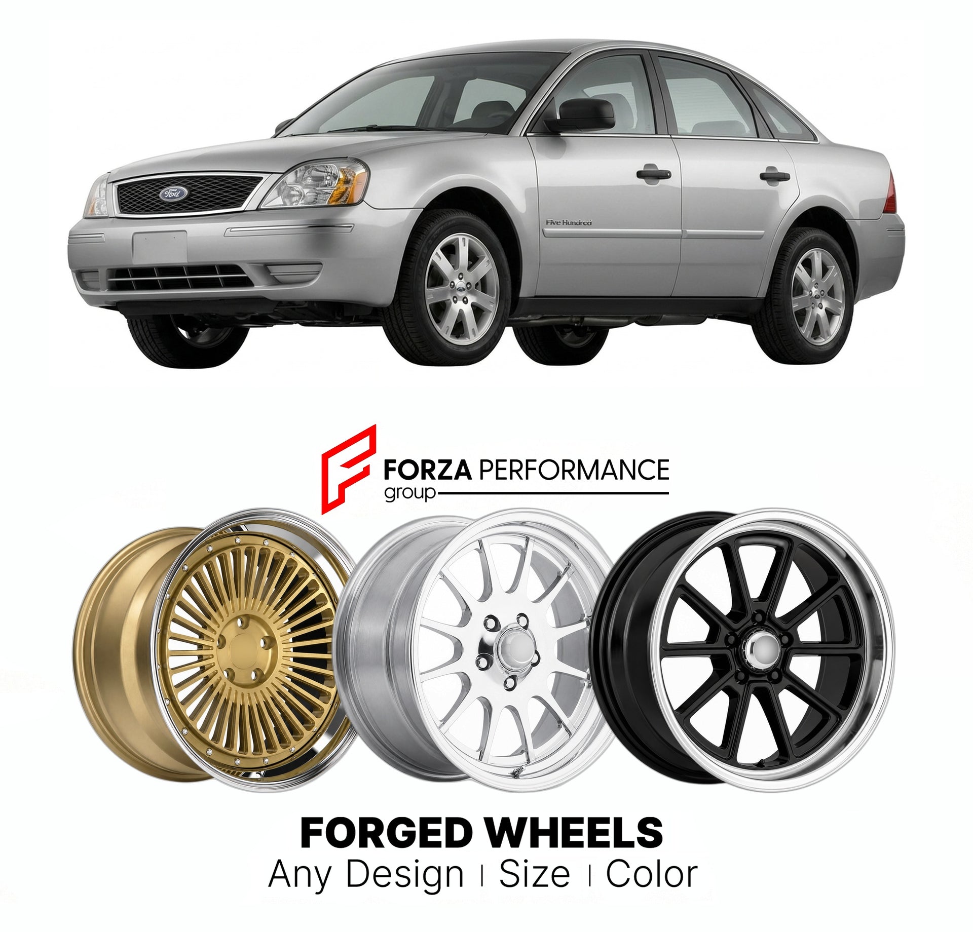 FORGED WHEELS RIMS for FORD FIVE HUNDRED 2005 - 2007

Custom forged wheels for Ford Five Hundred 2005 - 2007. Made-to-order monoblock, 2-piece and 3-piece rims in custom sizes, offsets, colors and finishes with guaranteed fitment.

We manufacture premium quality forged wheels rims for Ford Five Hundred 2005 - 2007 in any design, size, color.

THIS WHEEL DESIGN CAN BE CUSTOM-MADE FOR YOUR CAR IN ANY SIZE AND COLOR OPTIONS
Available in monoblock, 2-piece, 3-piece, duoblock, beadlock
3D wheel renderings are pr