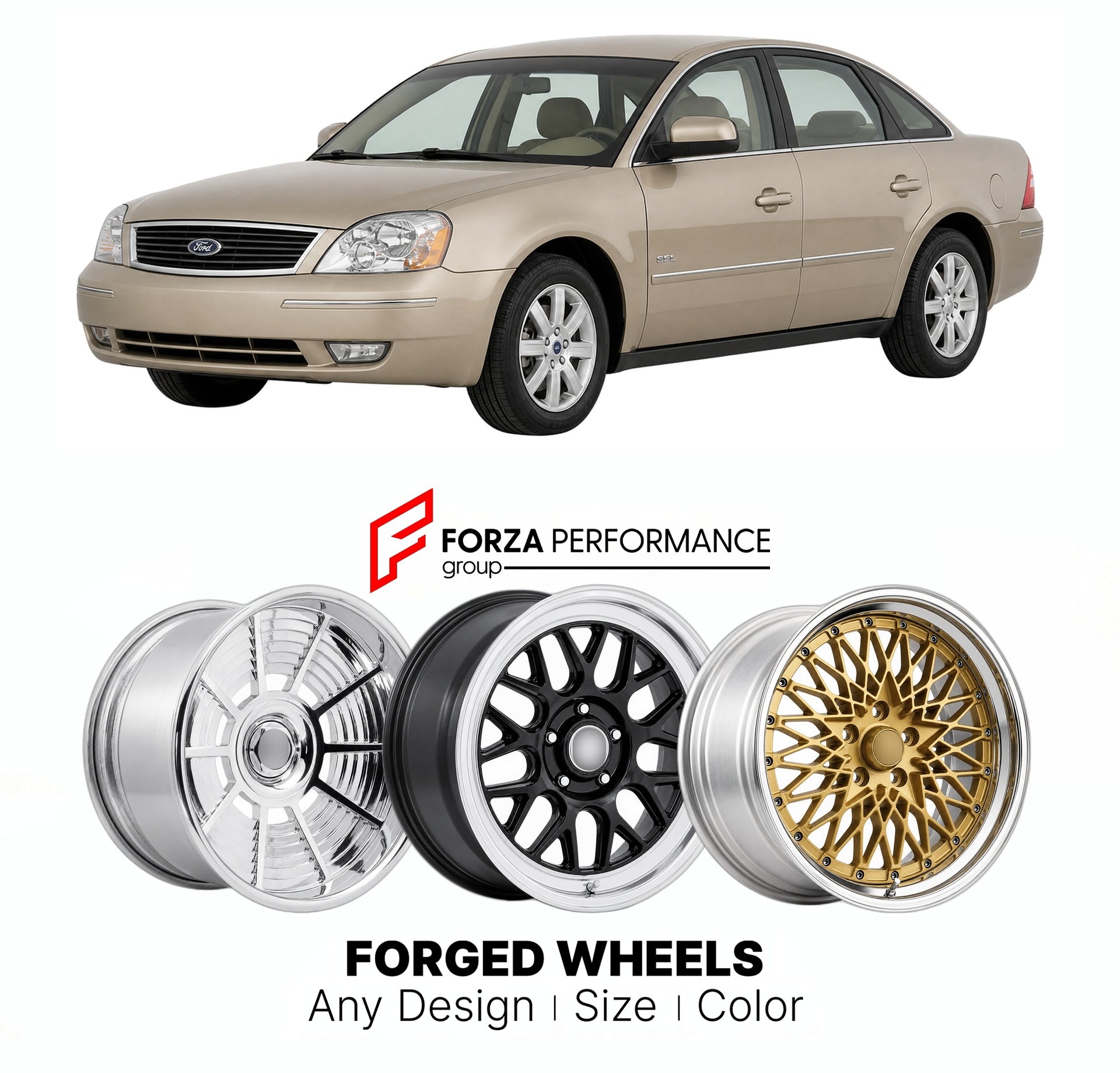 FORGED WHEELS RIMS for FORD FIVE HUNDRED SEL 2005 - 2007

Custom forged wheels for Ford Five Hundred SEL 2005 - 2007. Made-to-order monoblock, 2-piece and 3-piece rims in custom sizes, offsets, colors and finishes with guaranteed fitment.

We manufacture premium quality forged wheels rims for Ford Five Hundred SEL 2005 - 2007 in any design, size, color.

THIS WHEEL DESIGN CAN BE CUSTOM-MADE FOR YOUR CAR IN ANY SIZE AND COLOR OPTIONS
Available in monoblock, 2-piece, 3-piece, duoblock, beadlock
3D wheel rende