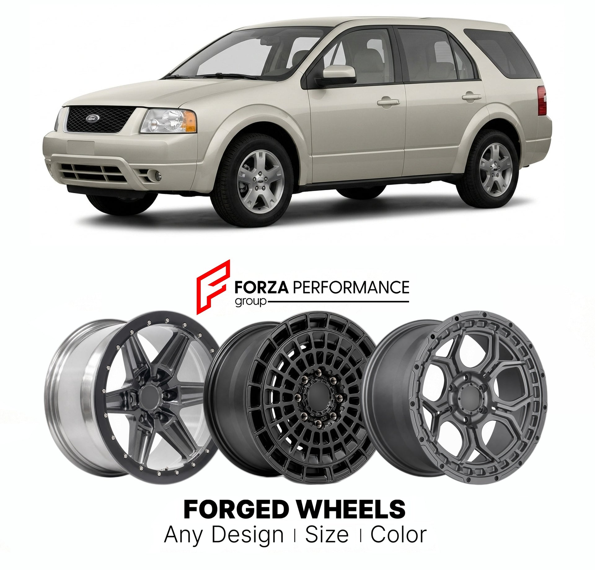 FORGED WHEELS RIMS for FORD FREESTYLE 2005 - 2007

Custom forged wheels for Ford Freestyle 2005 - 2007. Made-to-order monoblock, 2-piece and 3-piece rims in custom sizes, offsets, colors and finishes with guaranteed fitment.

We manufacture premium quality forged wheels rims for Ford Freestyle 2005 - 2007 in any design, size, color.

THIS WHEEL DESIGN CAN BE CUSTOM-MADE FOR YOUR CAR IN ANY SIZE AND COLOR OPTIONS
Available in monoblock, 2-piece, 3-piece, duoblock, beadlock
3D wheel renderings are provided ac