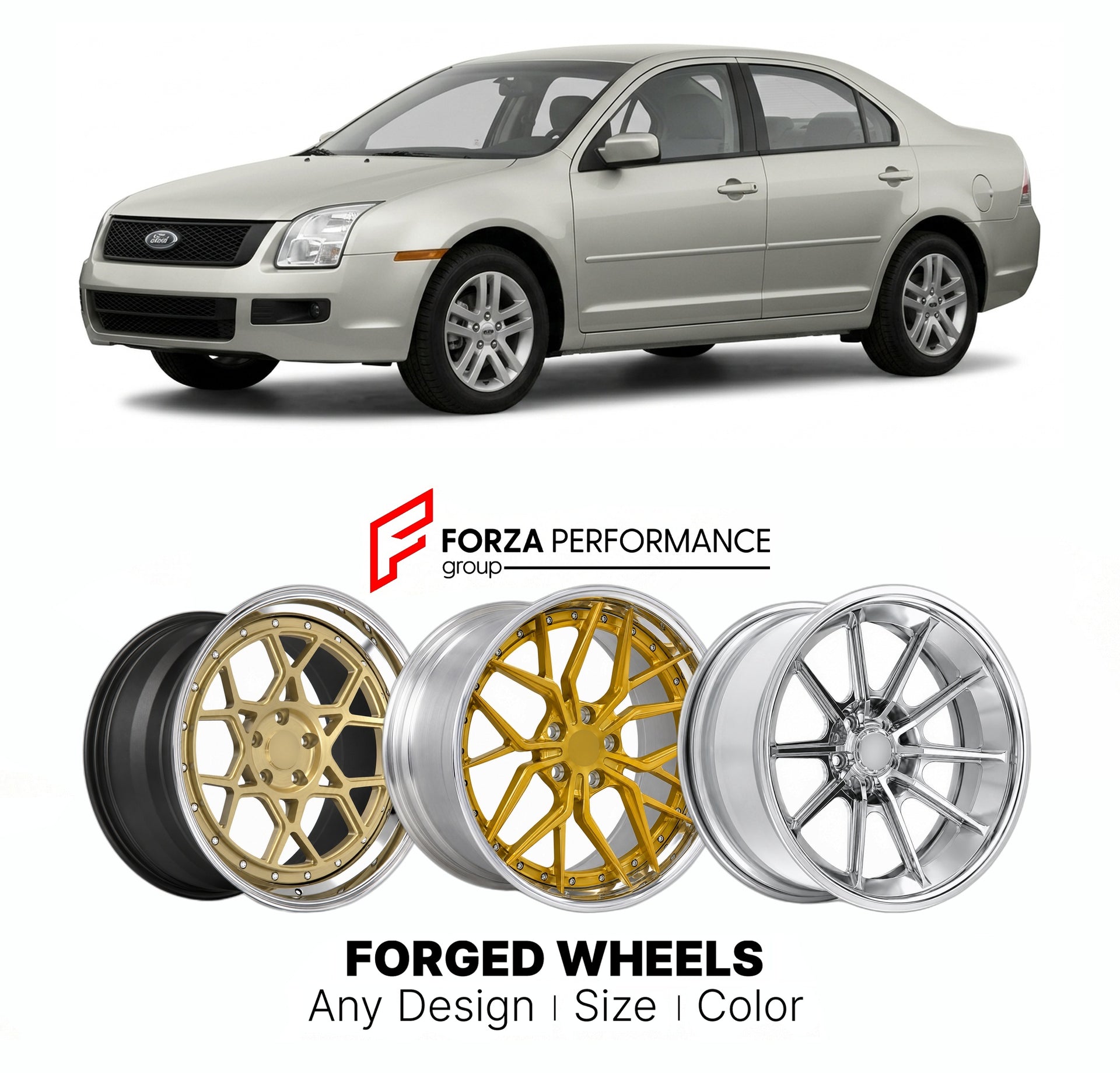 FORGED WHEELS RIMS for FORD FUSION 2006 - 2012

Custom forged wheels for Ford Fusion 2006 - 2012. Made-to-order monoblock, 2-piece and 3-piece rims in custom sizes, offsets, colors and finishes with guaranteed fitment.

We manufacture premium quality forged wheels rims for Ford Fusion 2006 - 2012 in any design, size, color.

THIS WHEEL DESIGN CAN BE CUSTOM-MADE FOR YOUR CAR IN ANY SIZE AND COLOR OPTIONS
Available in monoblock, 2-piece, 3-piece, duoblock, beadlock
3D wheel renderings are provided according t
