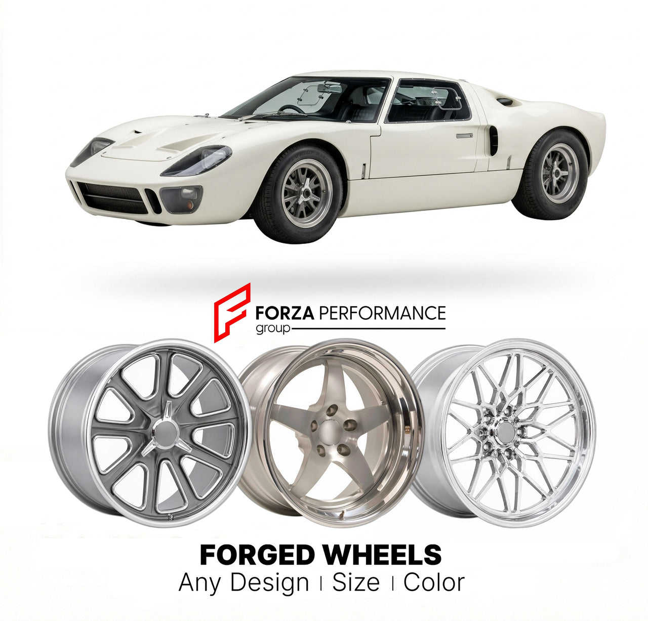 CUSTOM CLASSIC VINTAGE RESTOMOD RETRO OLD SCHOOL FORGED WHEELS RIMS for FORD GT40 1964 - 1966
Custom forged wheels for classic American muscle cars. Ideal for restomod builds, vintage restorations, and show cars. Deep dish and retro styling available.

We manufacture premium quality forged wheels rims for Ford GT40 1964 - 1966 in any design, size, color.

THIS WHEEL DESIGN CAN BE CUSTOM-MADE FOR YOUR CAR IN ANY SIZE AND COLOR OPTIONS
Available in monoblock, 2-piece, 3-piece, duoblock, beadlock
3D wheel rend
